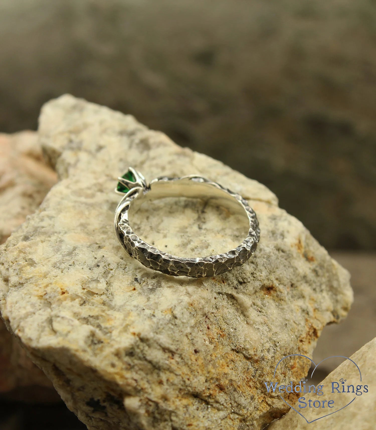 Unique Hammered Silver Emerald Engagement Ring