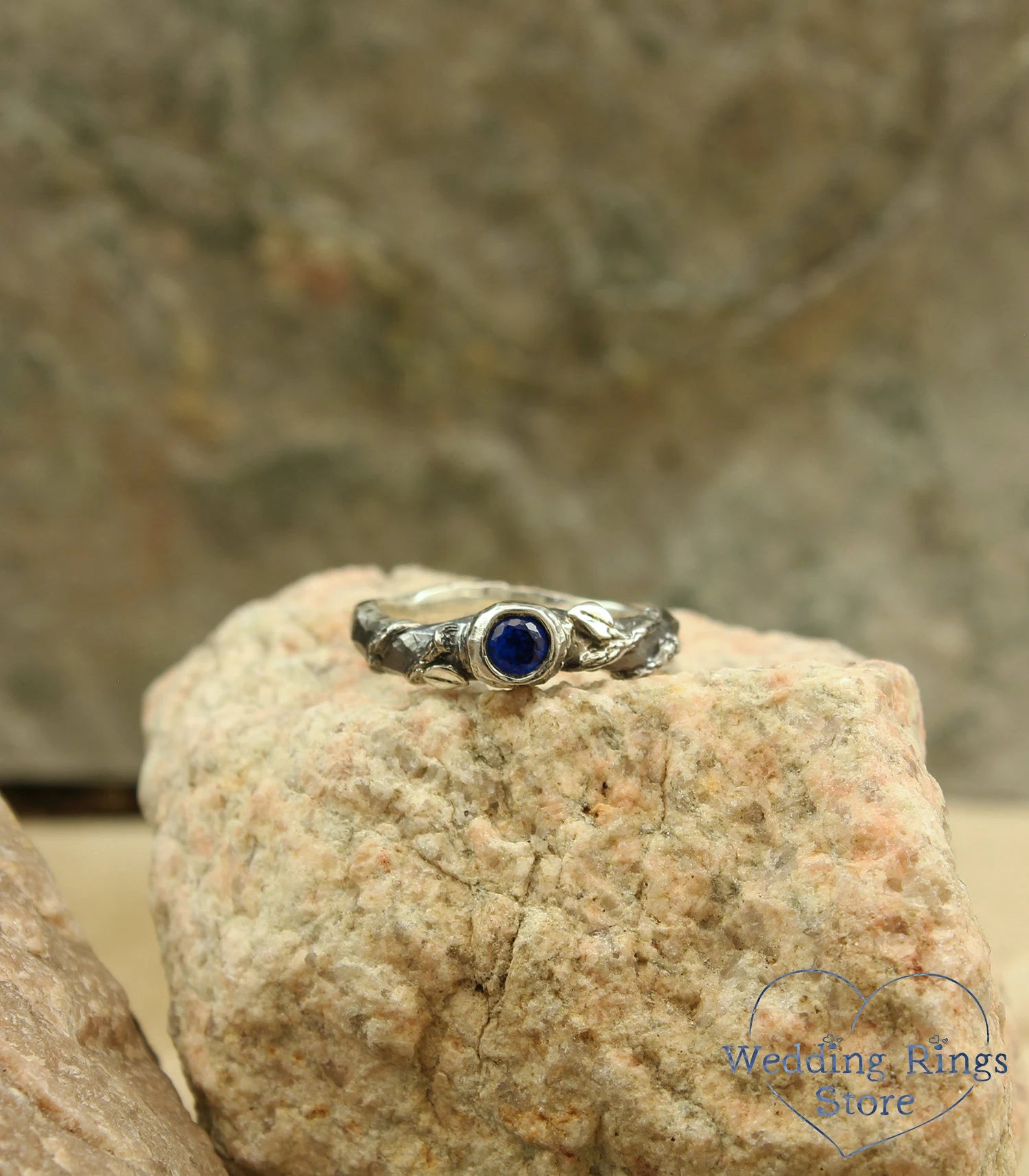 Rock and Branch Hammered Engagement Ring with Sapphire