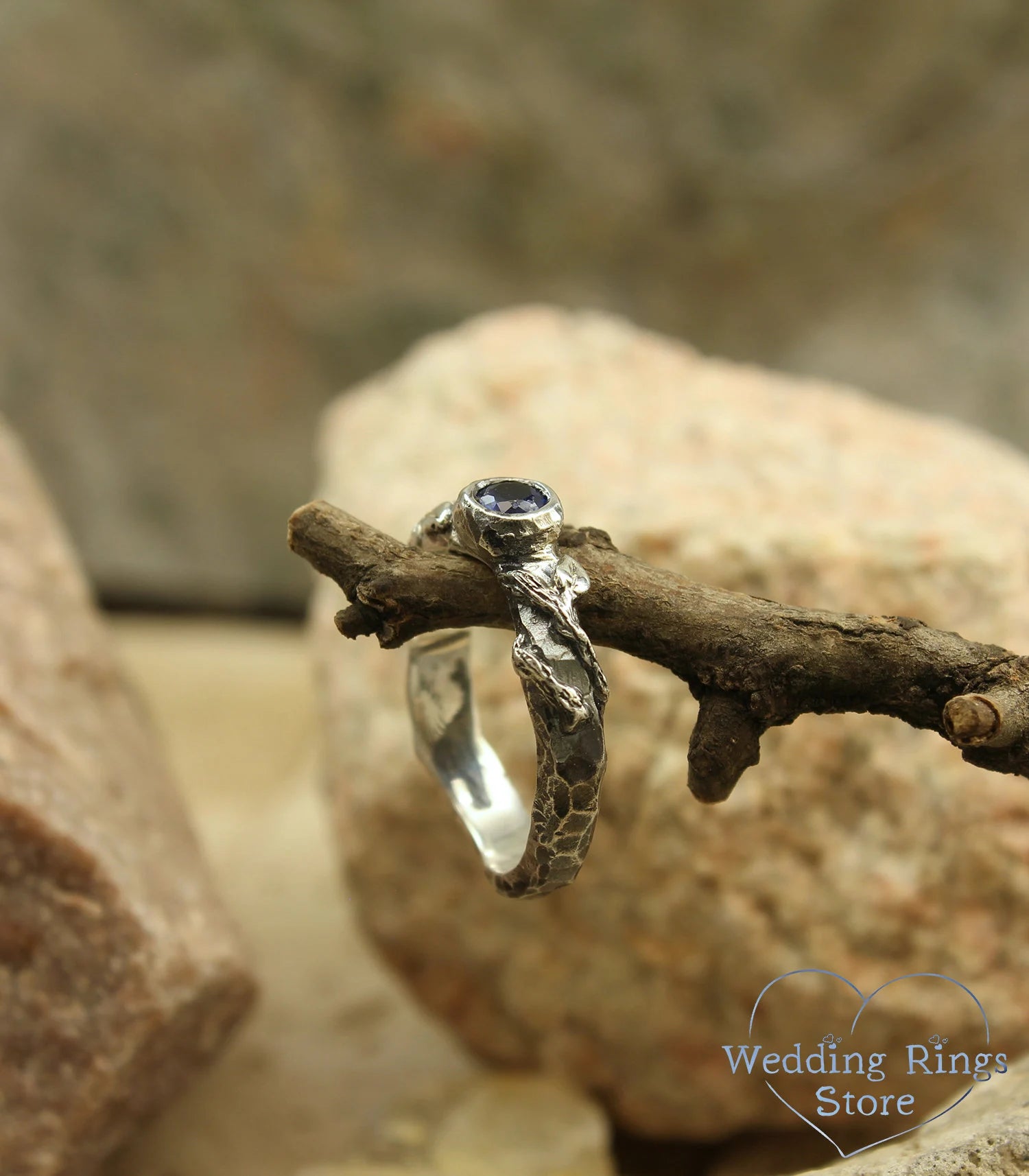 Rock and Branch Hammered Engagement Ring with Sapphire