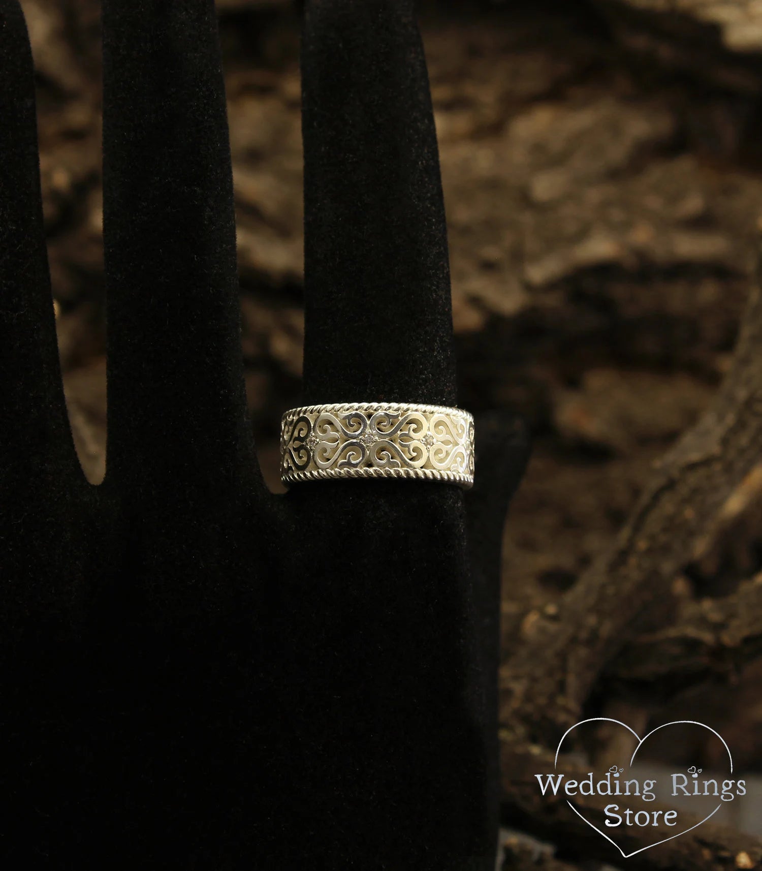 Silver Vintage Style Large Wedding Band - Filigree and Gems