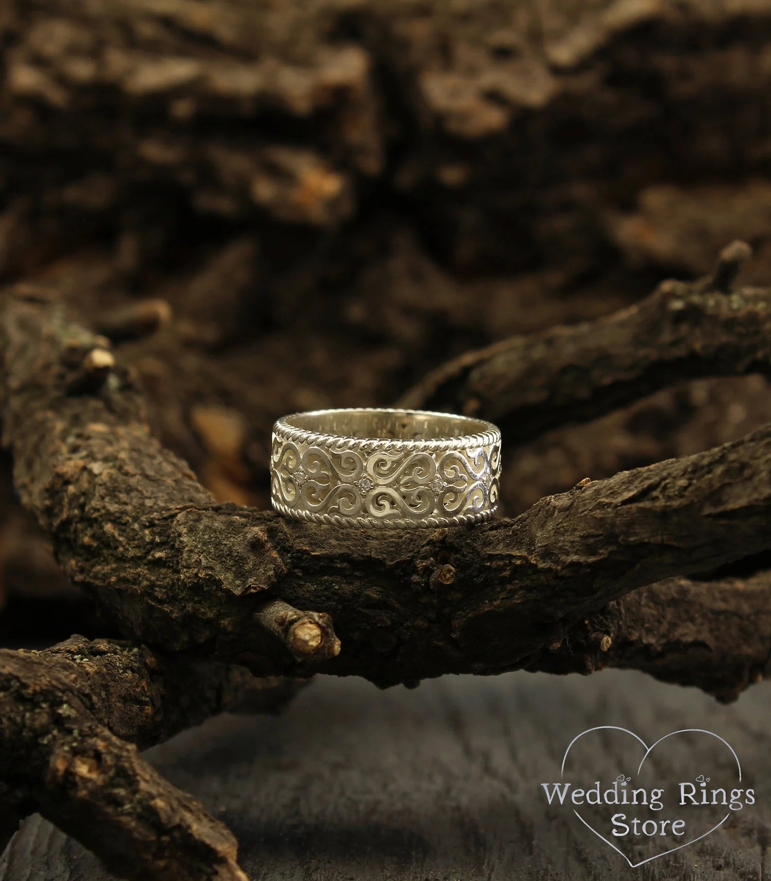 Silver Vintage Style Large Wedding Band - Filigree and Gems