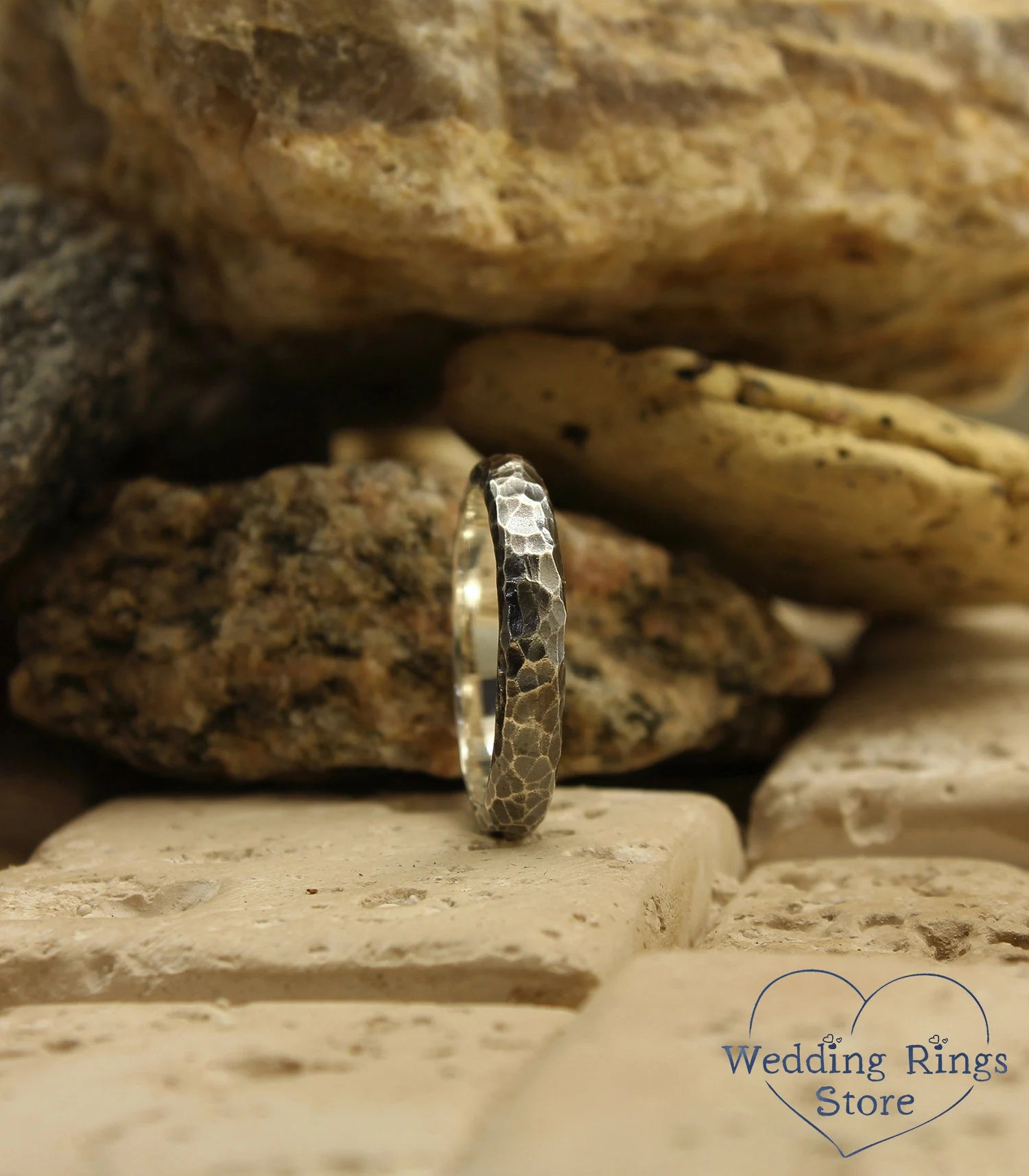 Rocky Hammered Silver Wedding Band Brutalist Style