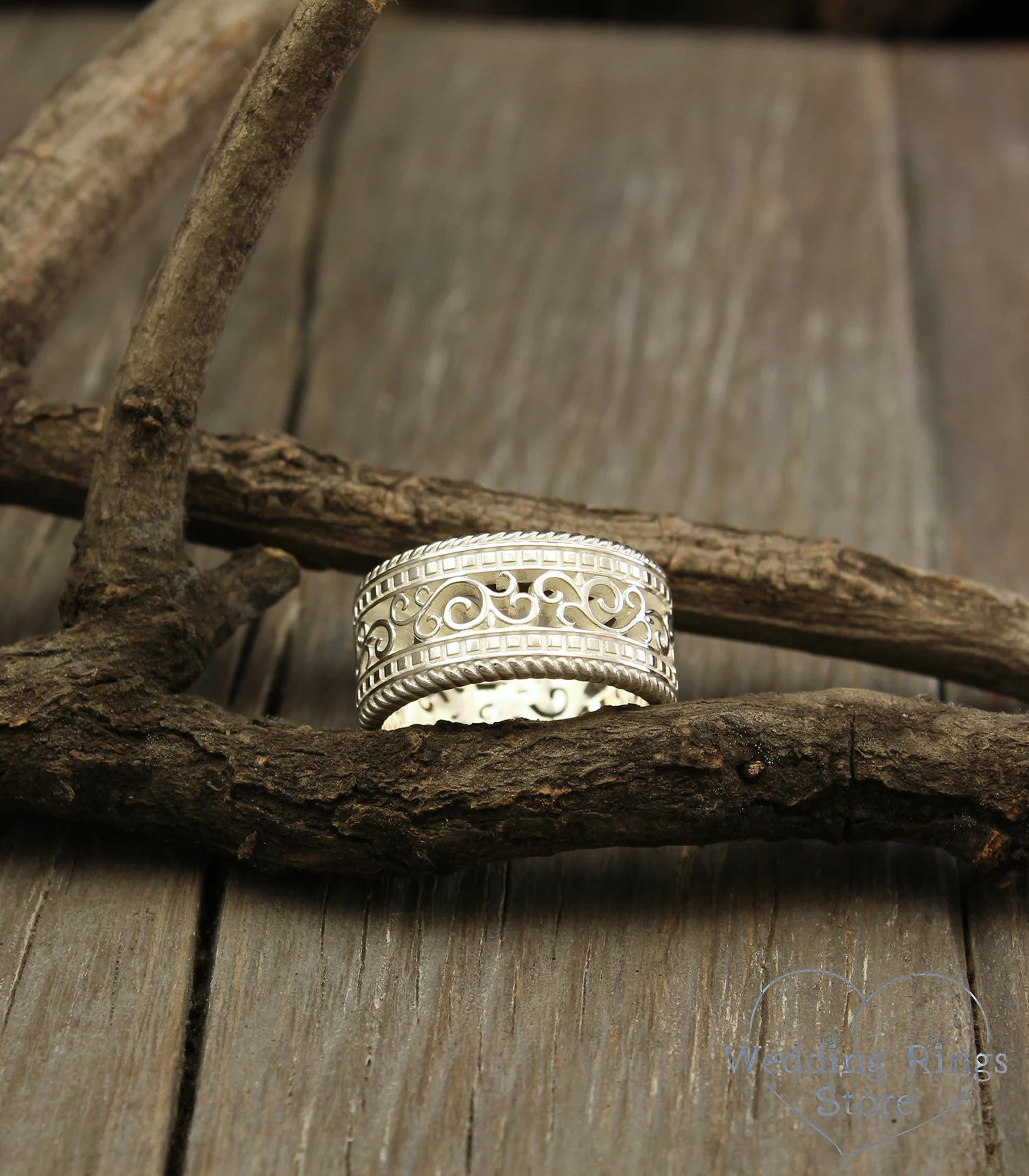 Vine and Filigree Silver Wide Wedding Band Vintage style