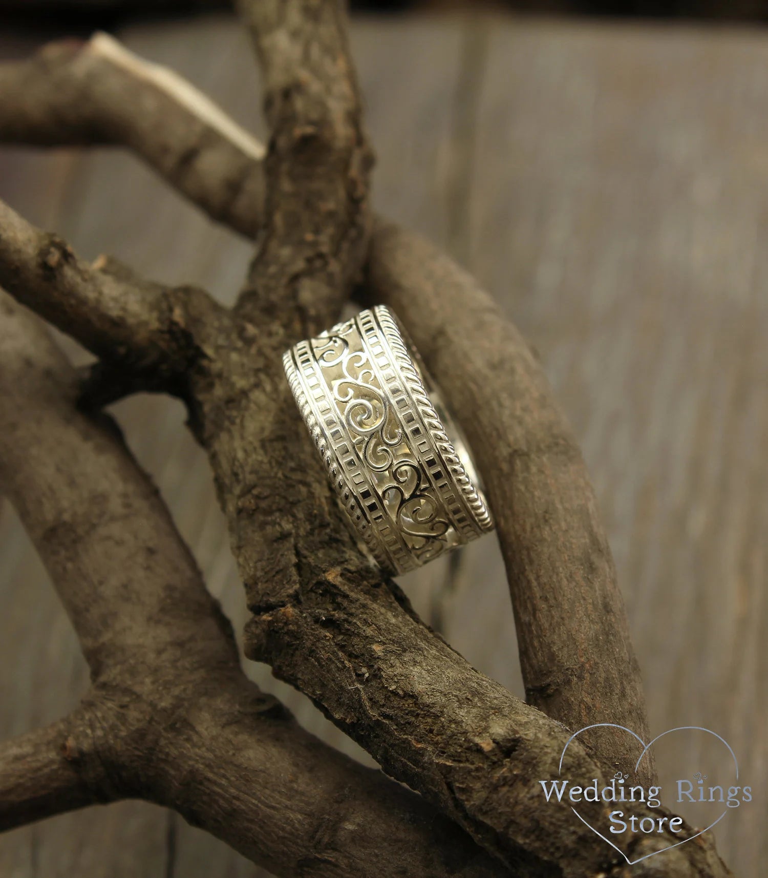 Vine and Filigree Silver Wide Wedding Band Vintage style