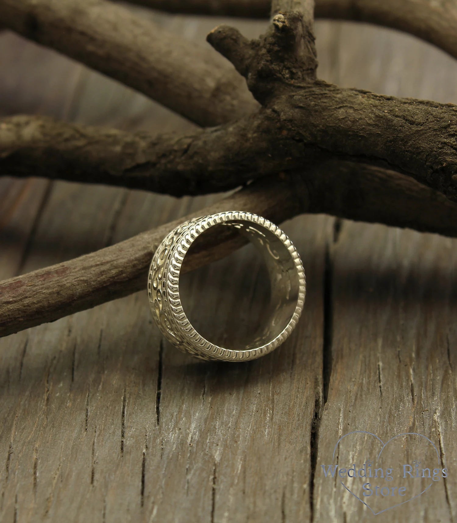 Vine and Filigree Silver Wide Wedding Band Vintage style