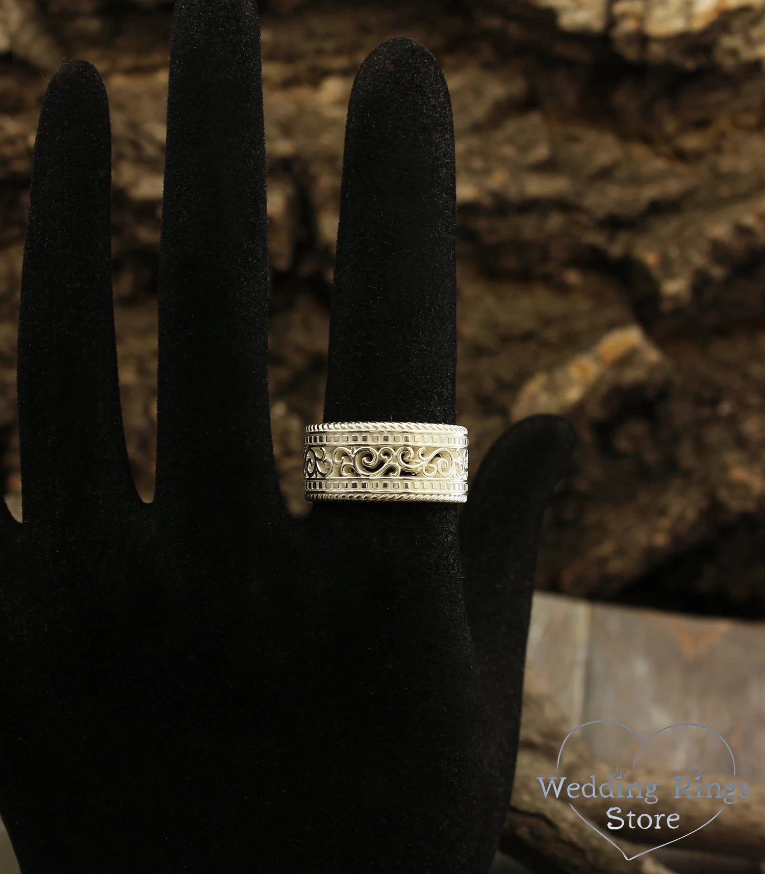 Vine and Filigree Silver Wide Wedding Band Vintage style