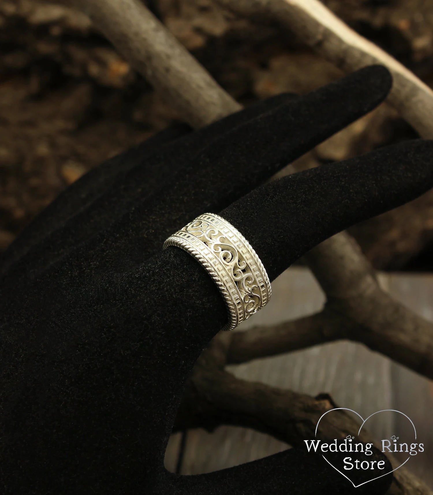 Vine and Filigree Silver Wide Wedding Band Vintage style