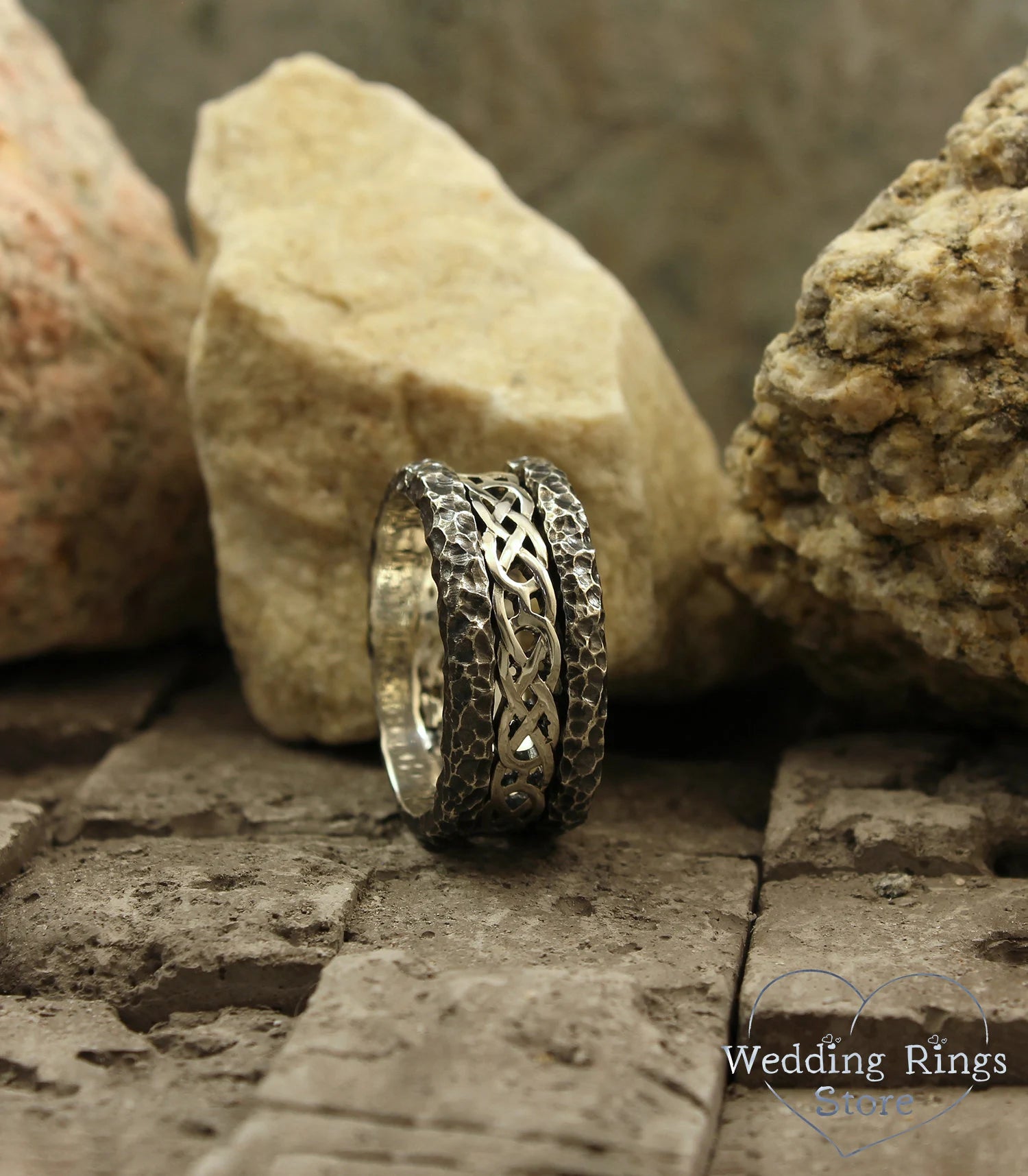 Unique Silver Celtic Wedding Band with Hammered Edges