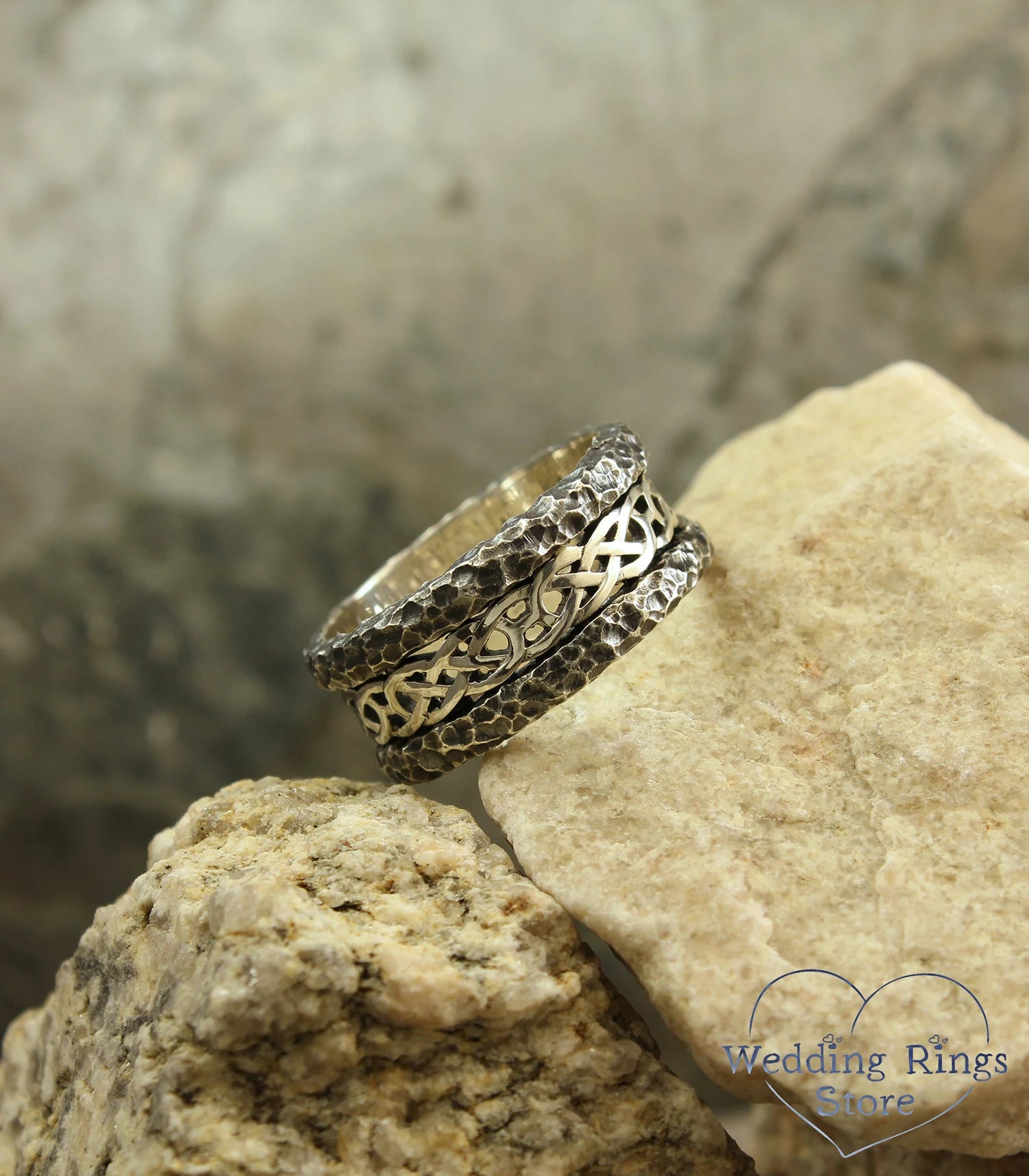 Unique Silver Celtic Wedding Band with Hammered Edges