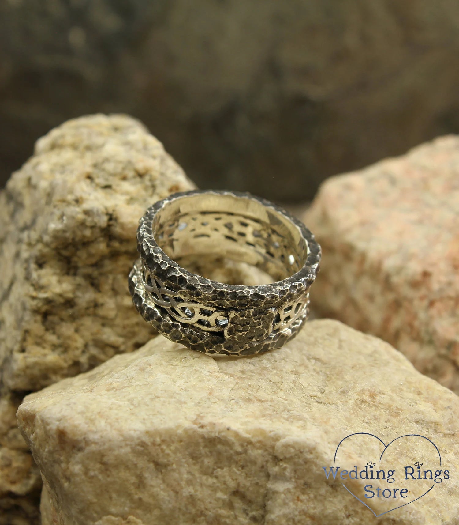 Unique Silver Celtic Wedding Band with Hammered Edges