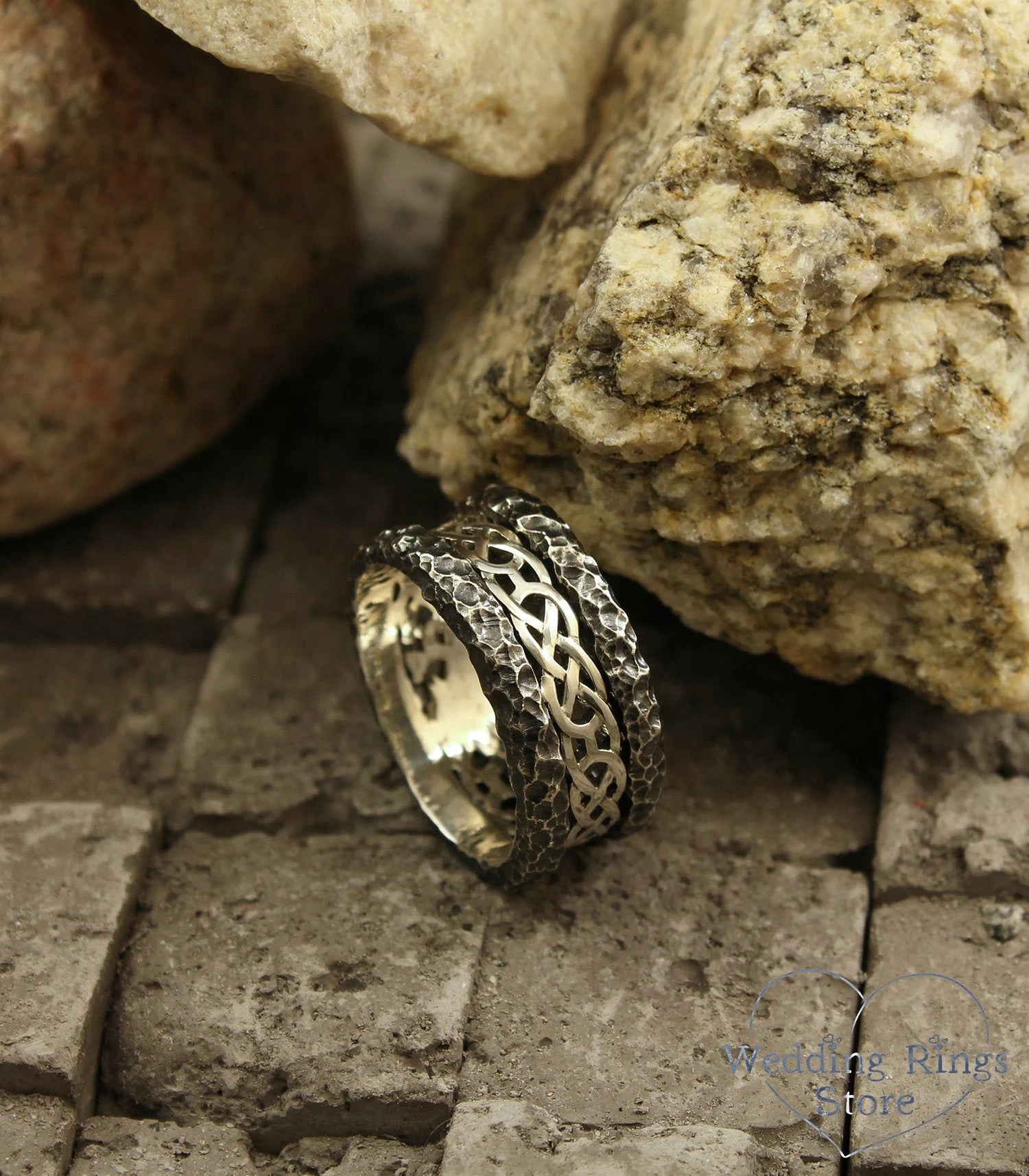 Unique Silver Celtic Wedding Band with Hammered Edges