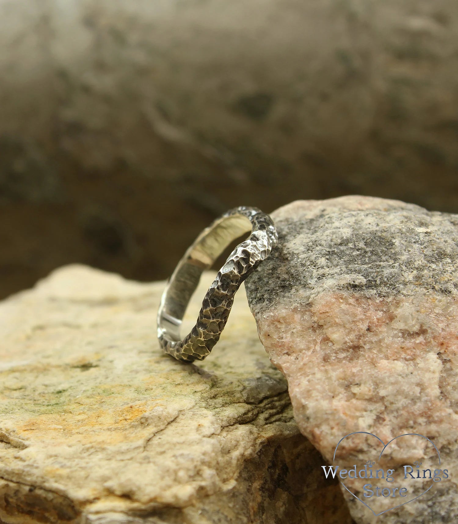 Sterling Silver Hammered V-Ring Brutalist Rough Surface