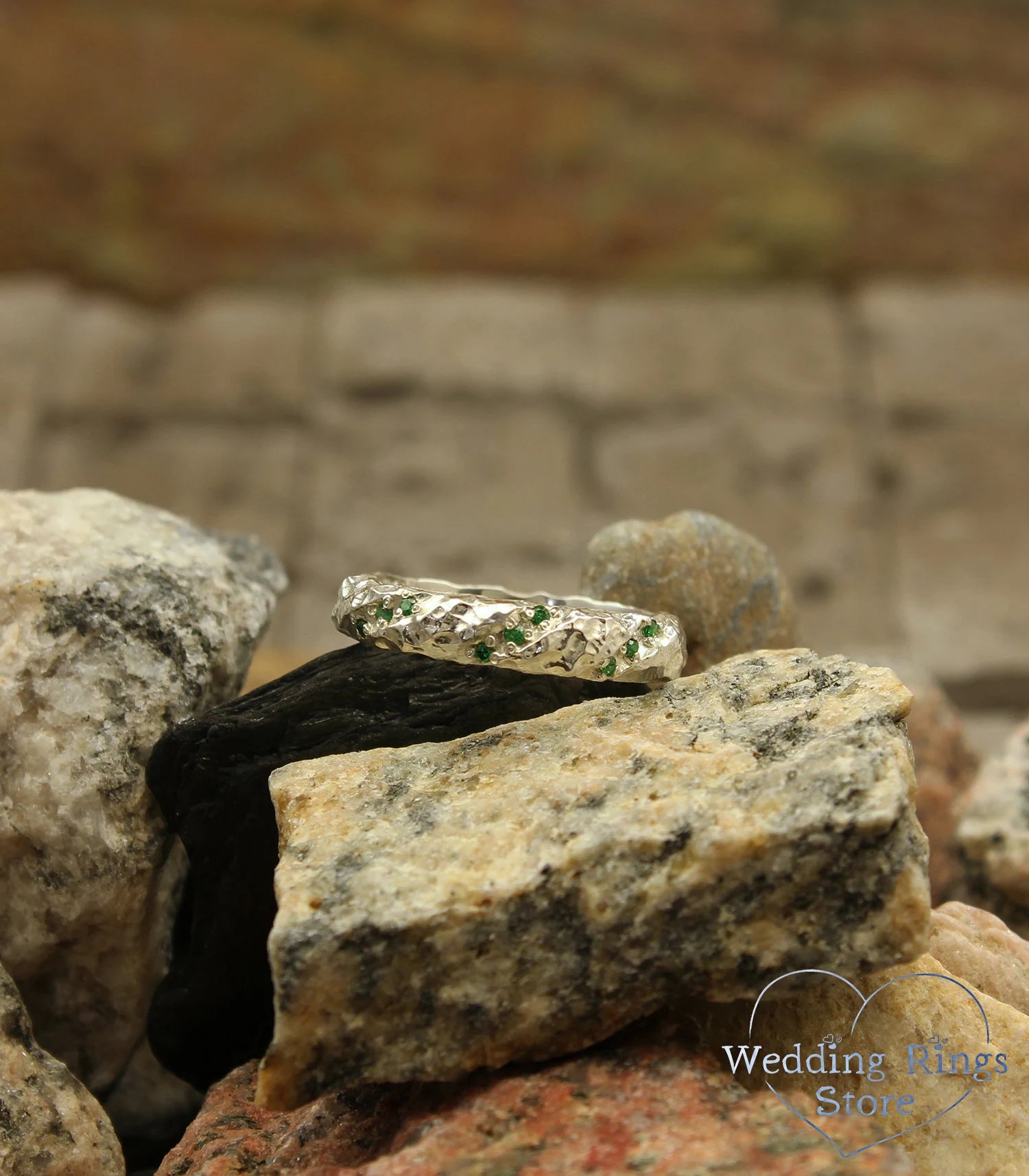 Unique Silver Hammered Wedding Band with Emerald gem