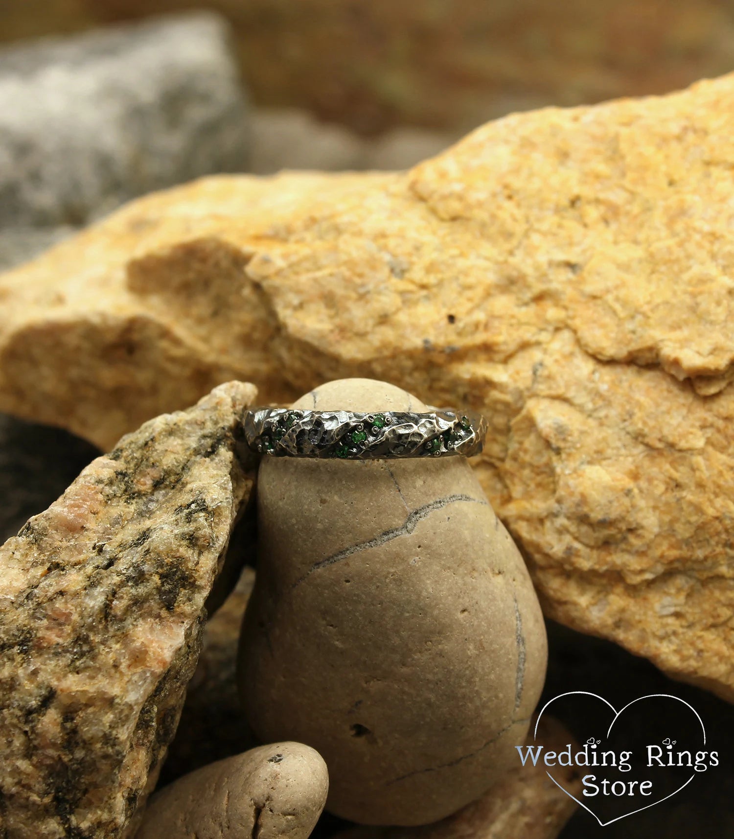 Unique Silver Hammered Wedding Band with Emerald gem