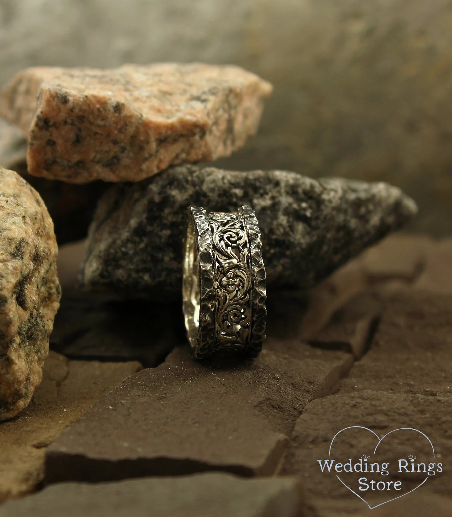 Vine & Flower Ring with Vintage Silver Hammered texture