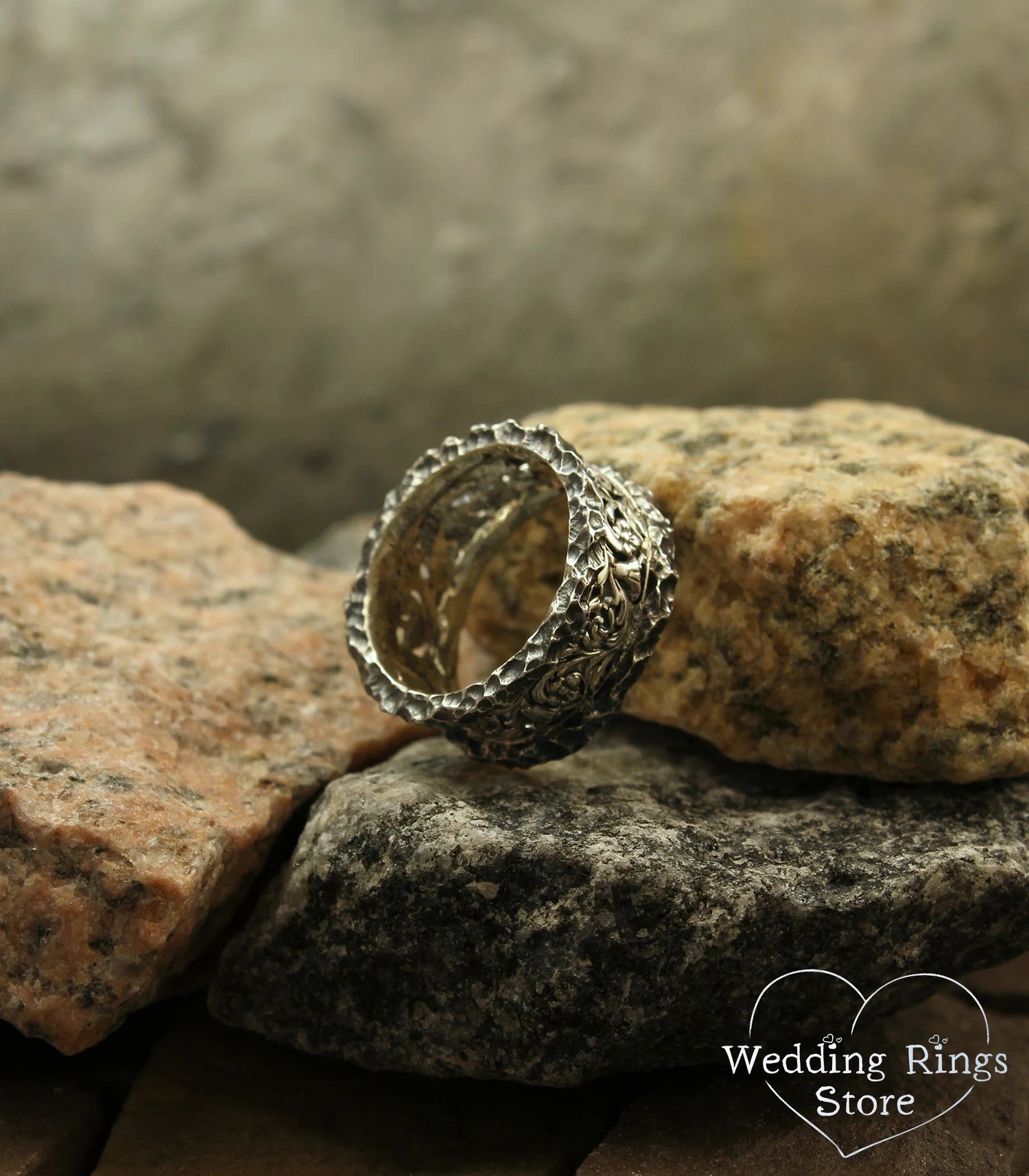 Vine & Flower Ring with Vintage Silver Hammered texture