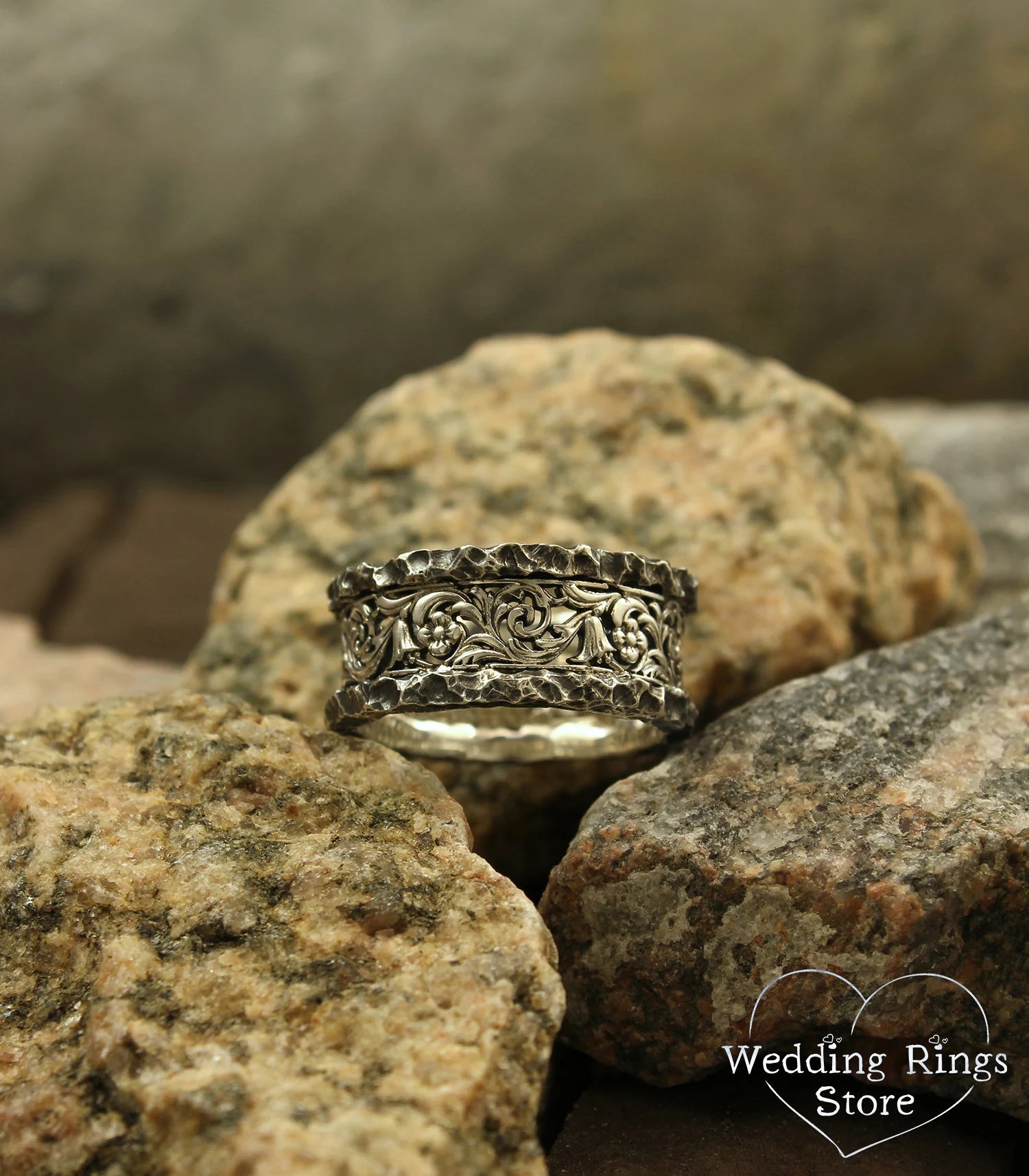 Vine & Flower Ring with Vintage Silver Hammered texture