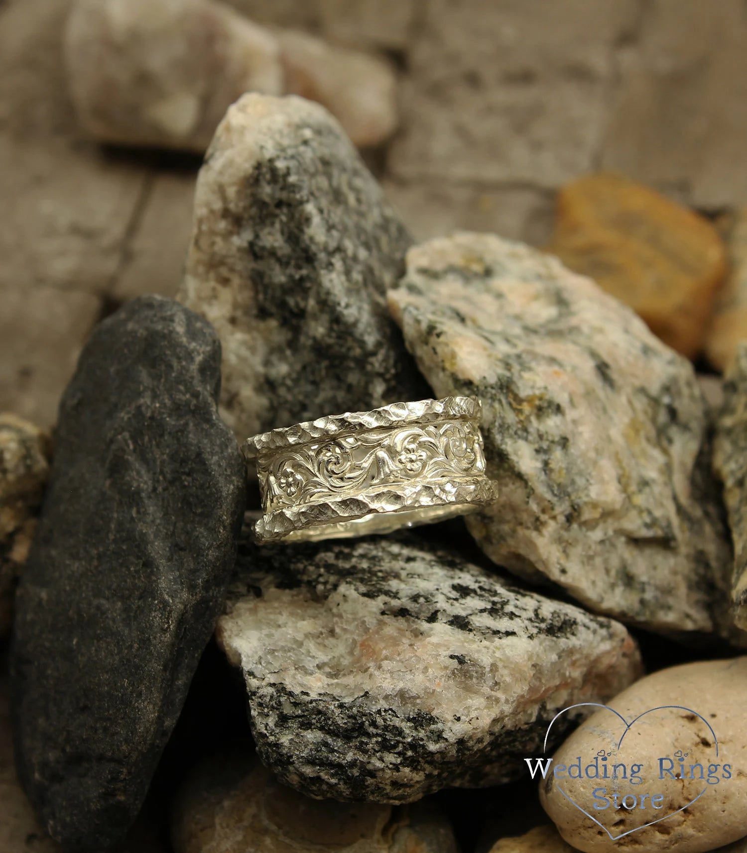 Vine & Flower Ring with Vintage Silver Hammered texture