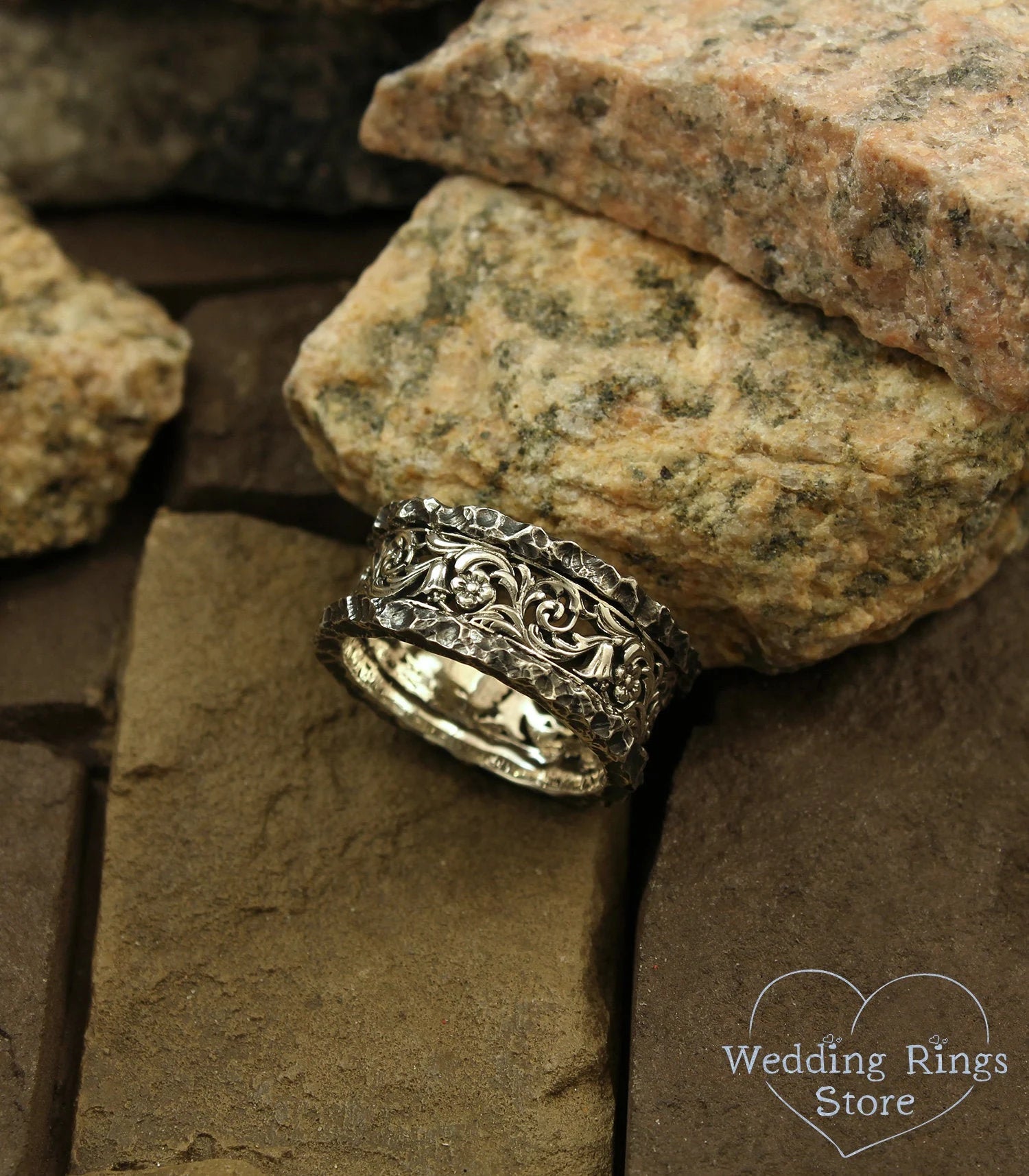 Vine & Flower Ring with Vintage Silver Hammered texture