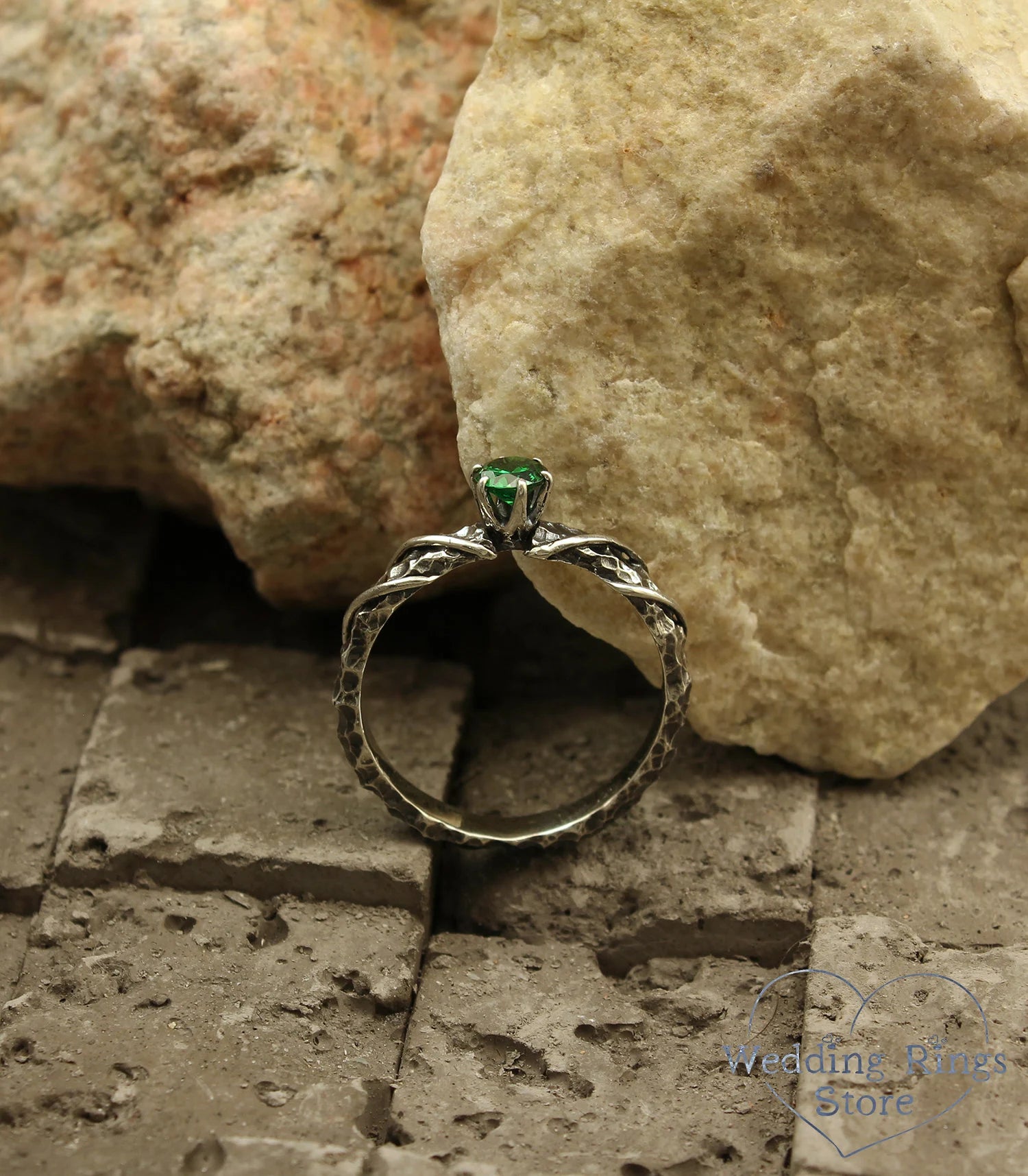 Unique Hammered Silver Emerald Engagement Ring