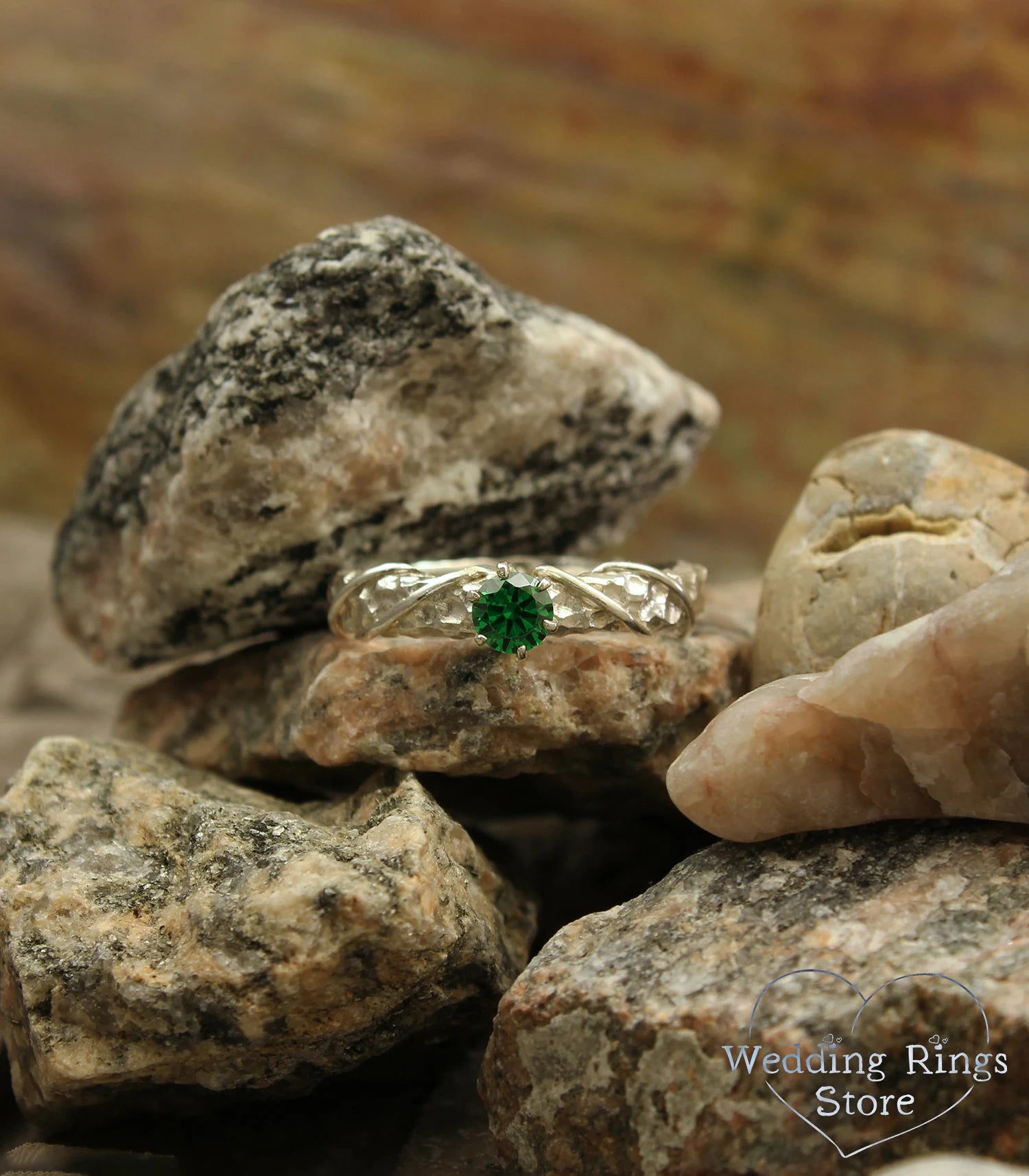 Unique Hammered Silver Emerald Engagement Ring