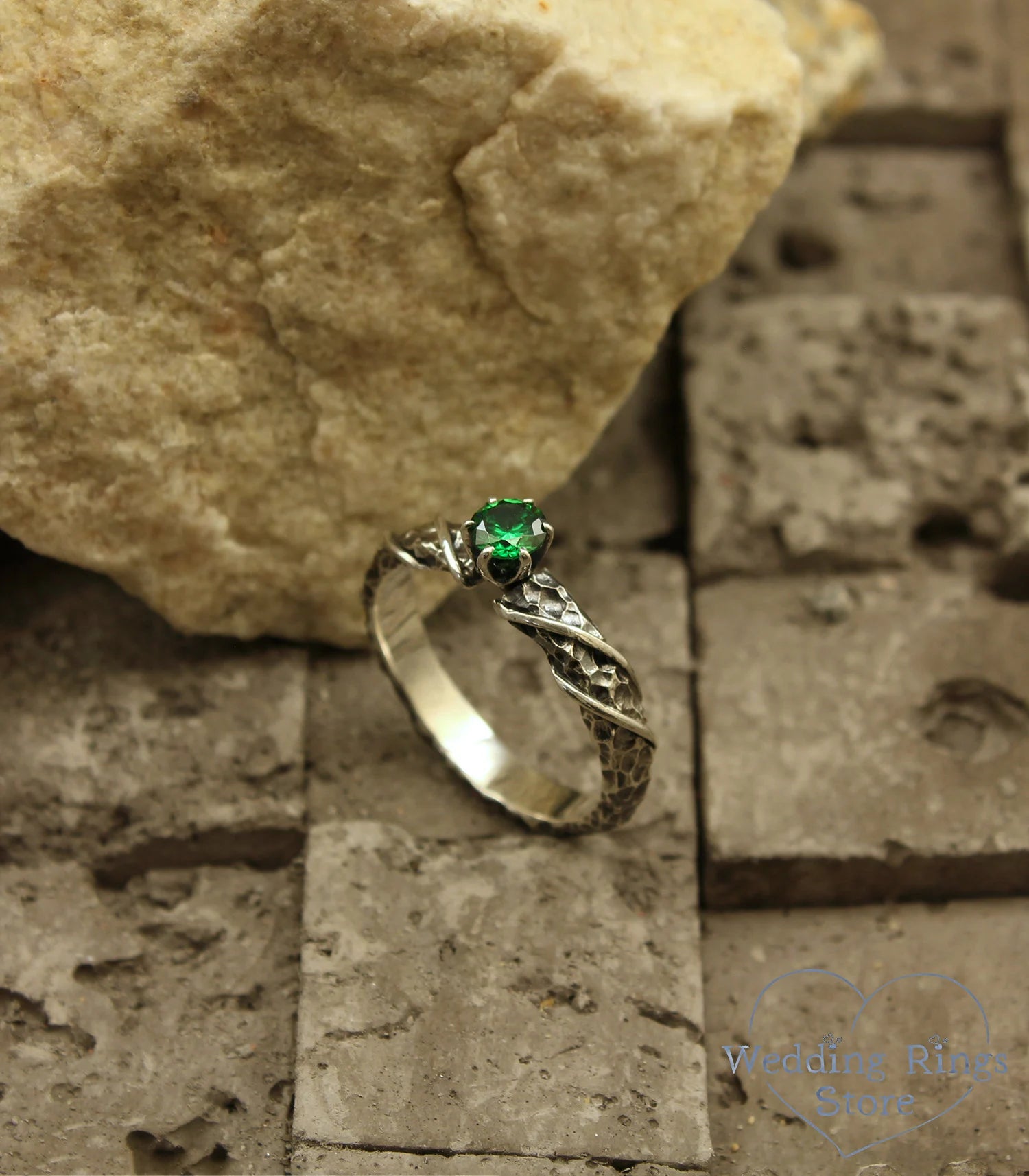 Unique Hammered Silver Emerald Engagement Ring