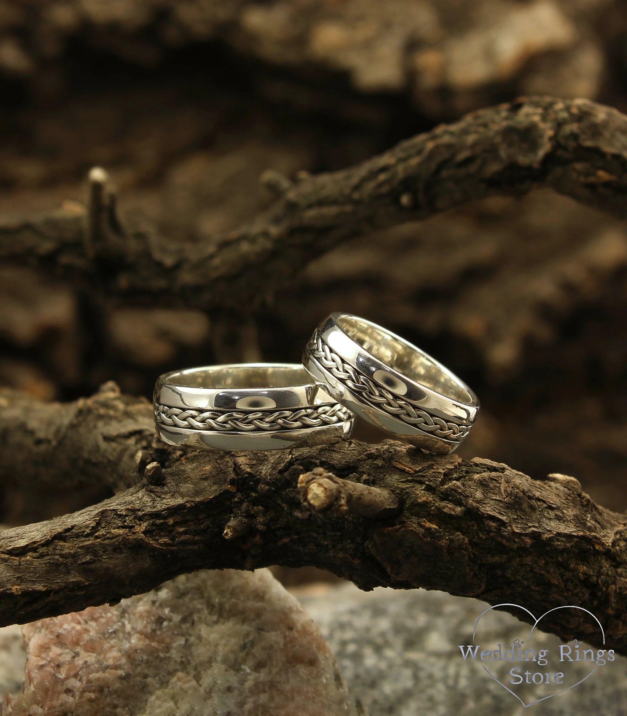 Sterling Silver Braided Wedding Rings Set His and Hers