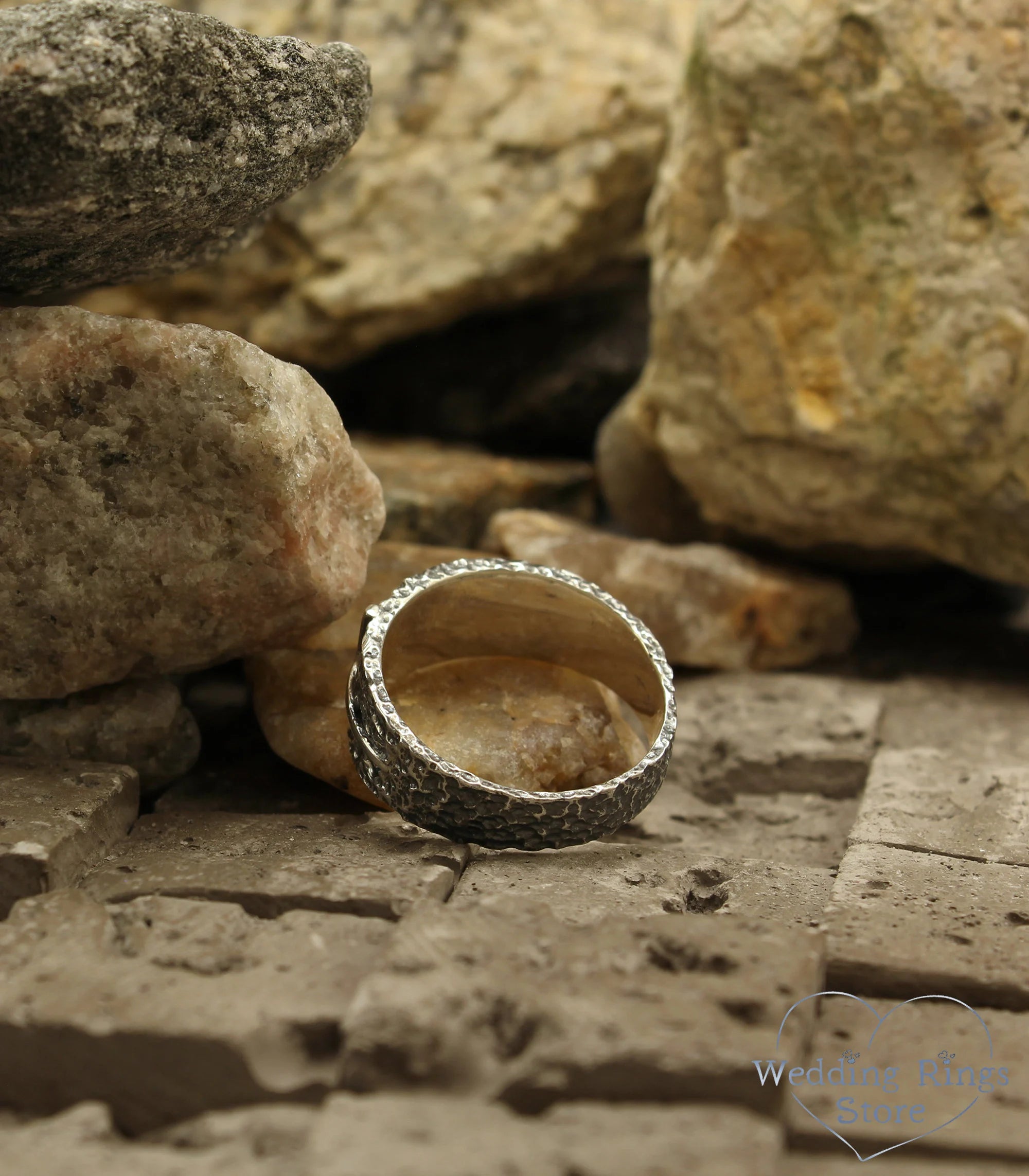 Wide Men's Cross Hammered Wedding Band in Silver