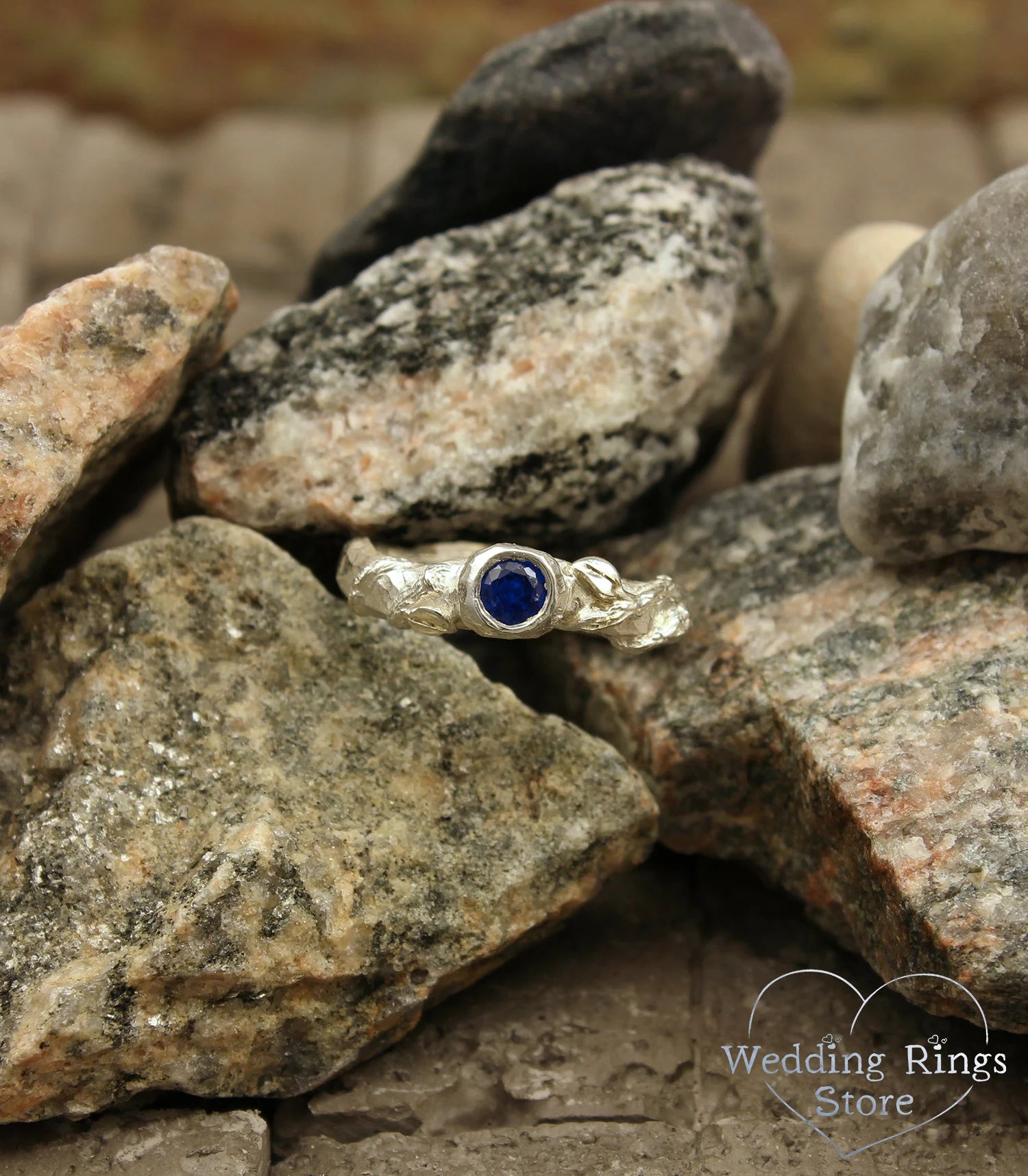 Rock and Branch Hammered Engagement Ring with Sapphire