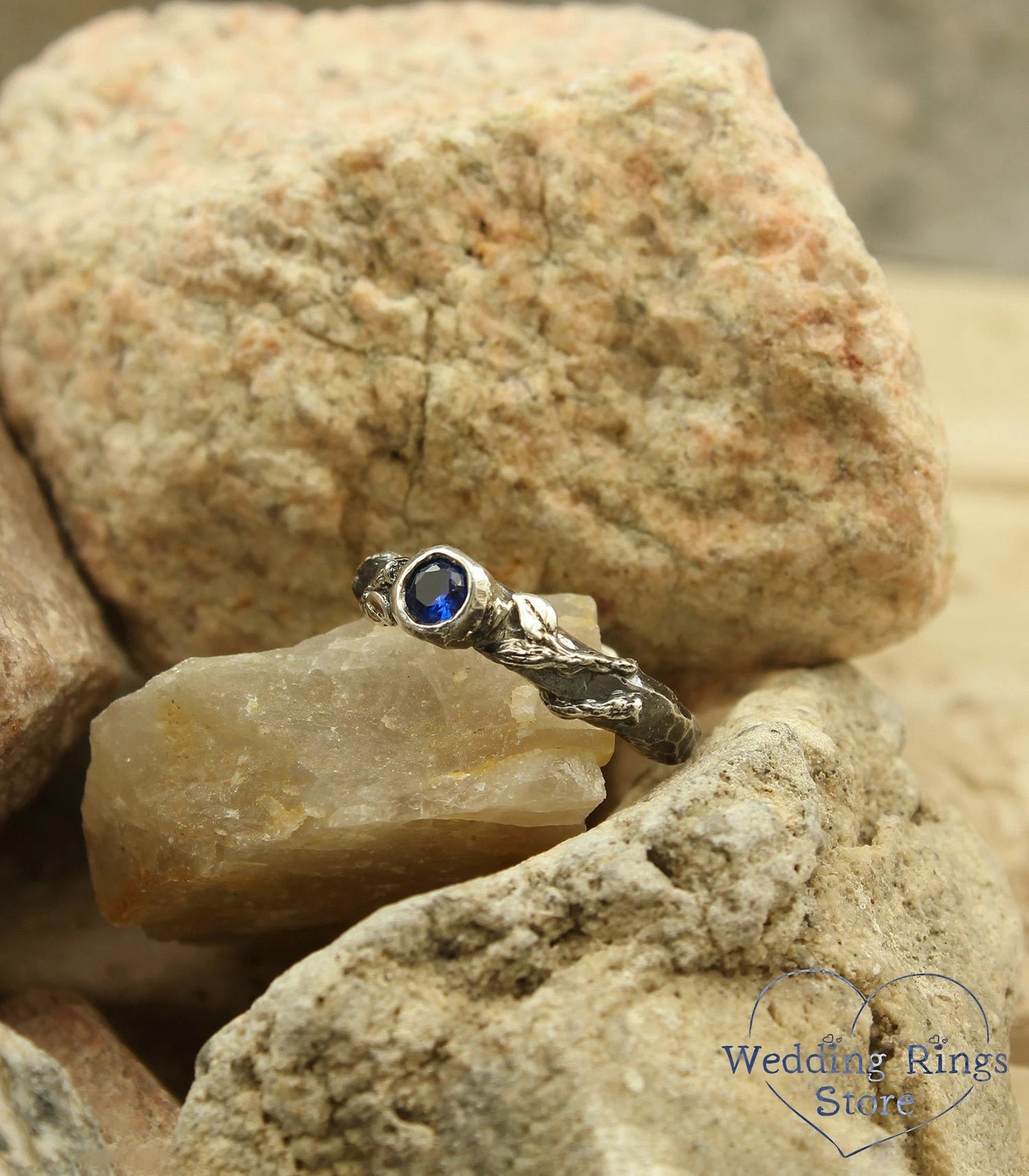 Rock and Branch Hammered Engagement Ring with Sapphire