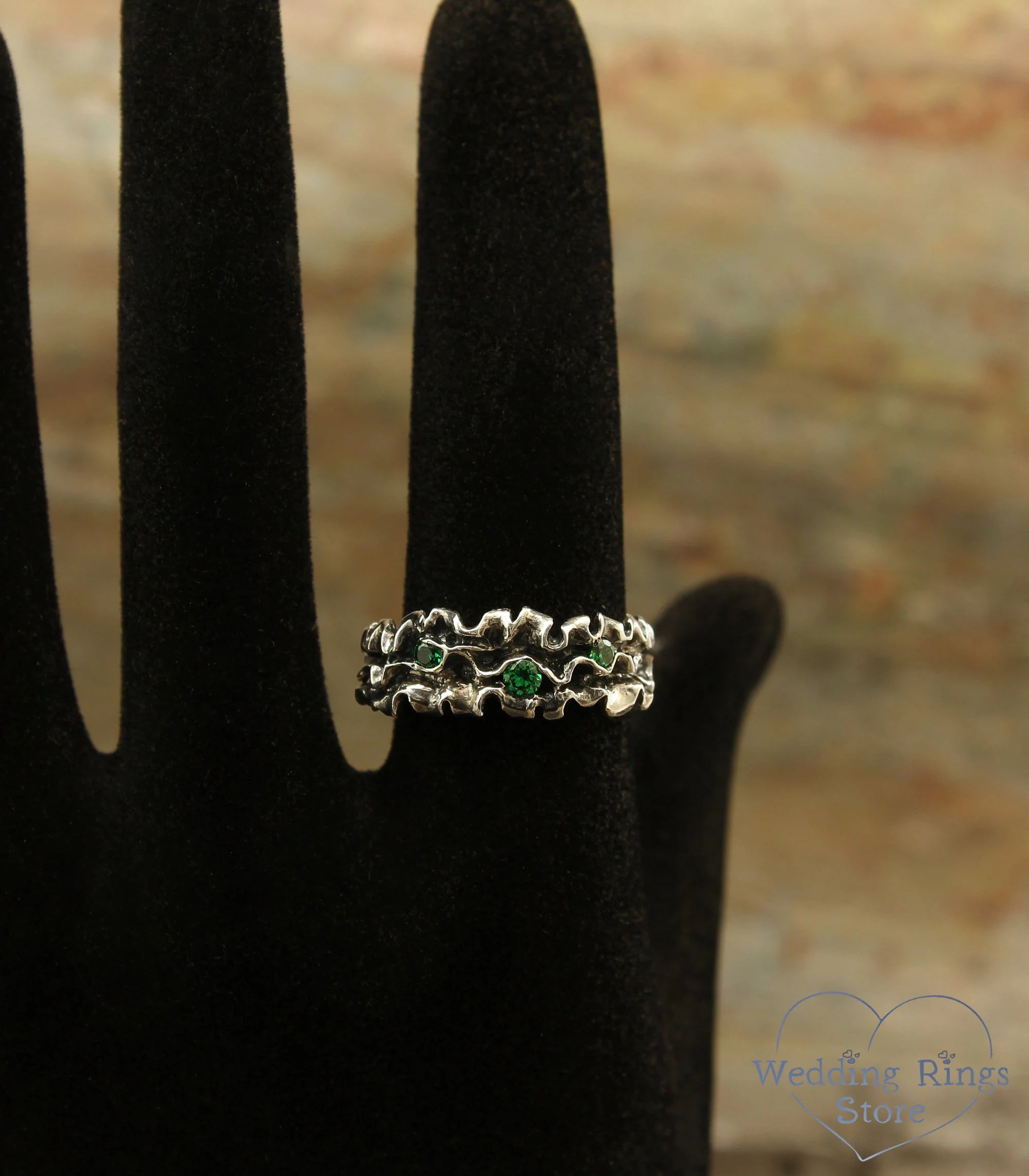 Ocean Algae Sterling Silver Ring with Emeralds