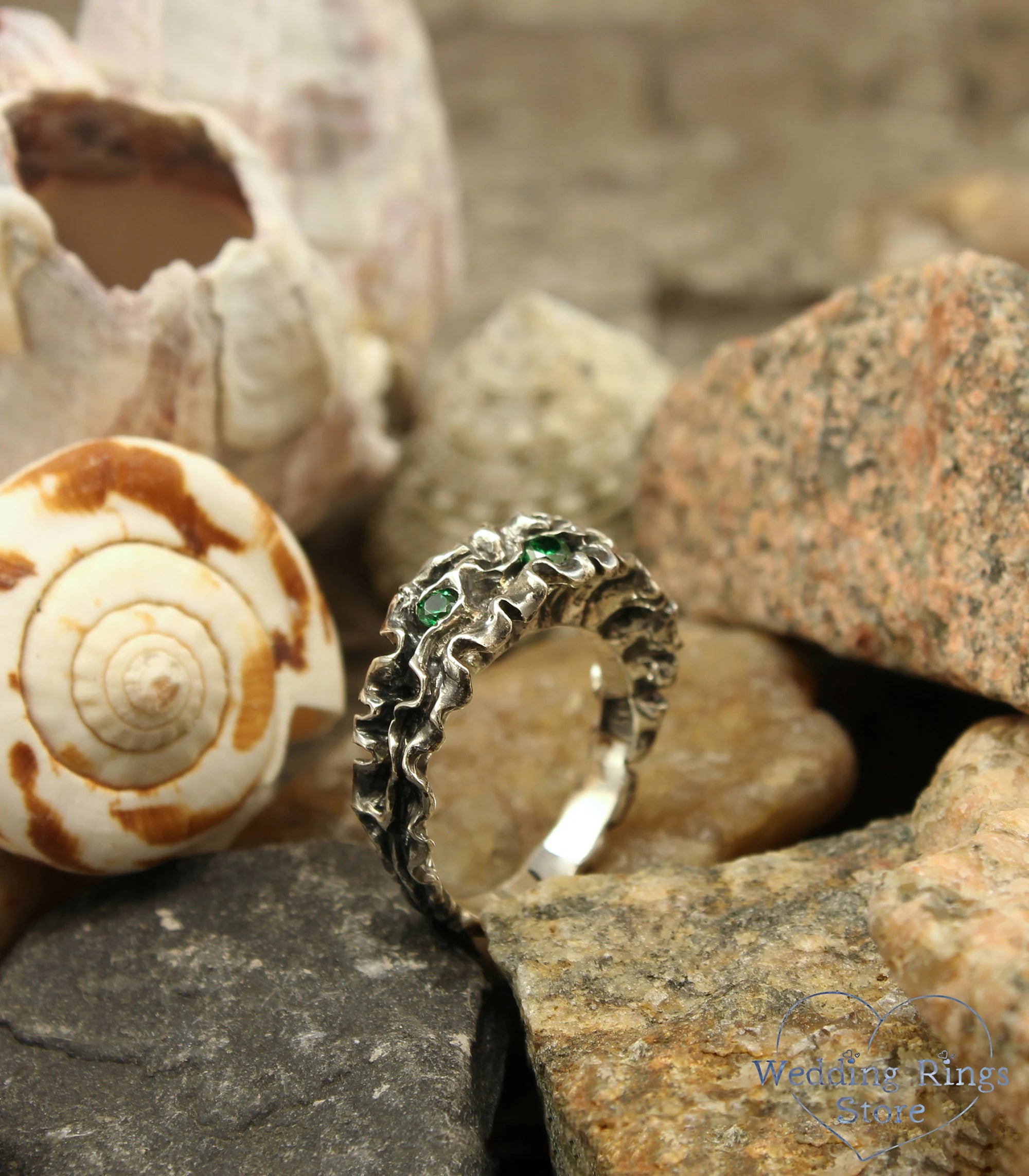 Ocean Algae Sterling Silver Ring with Emeralds