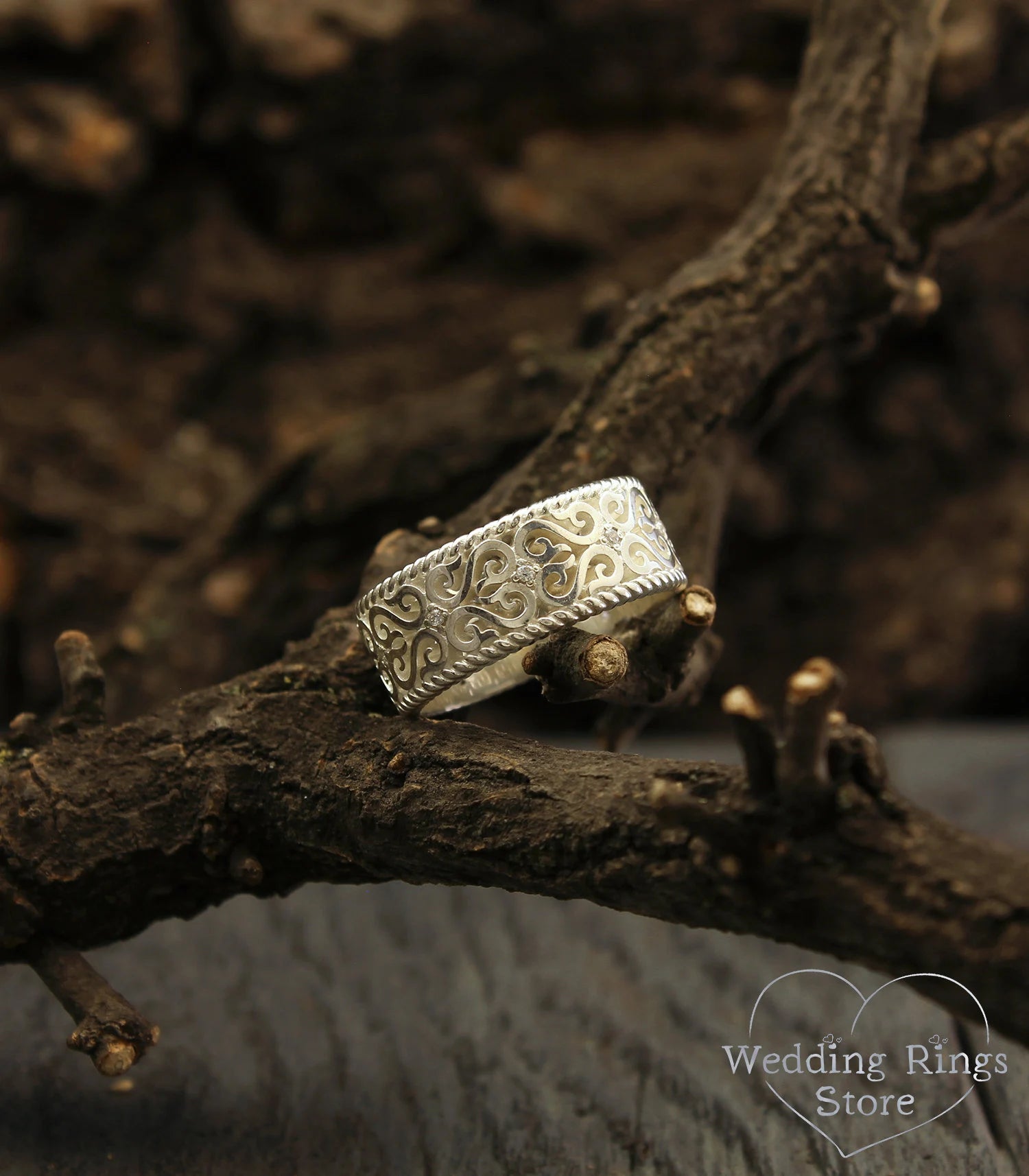 Silver Vintage Style Large Wedding Band - Filigree and Gems