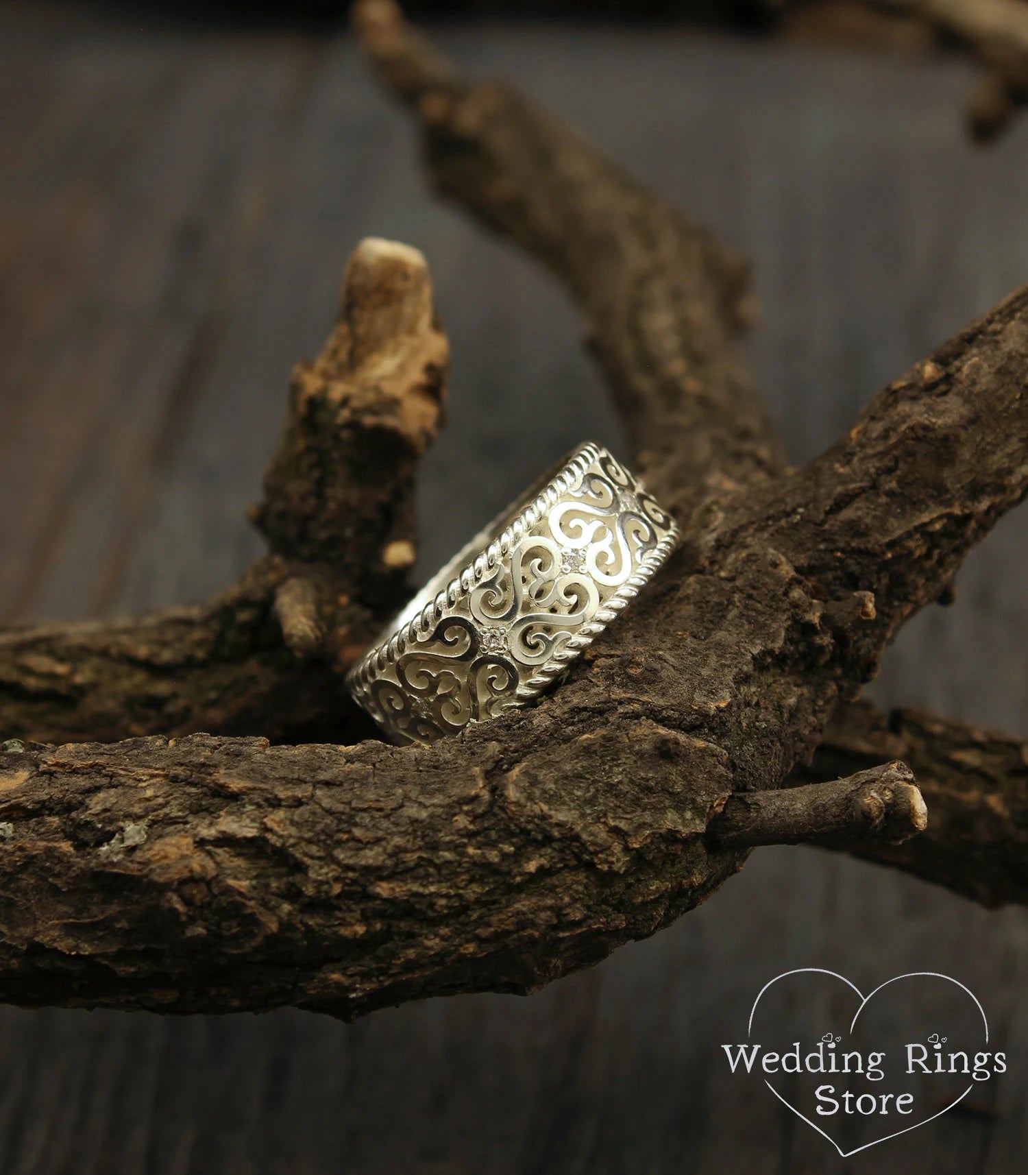 Silver Vintage Style Large Wedding Band - Filigree and Gems