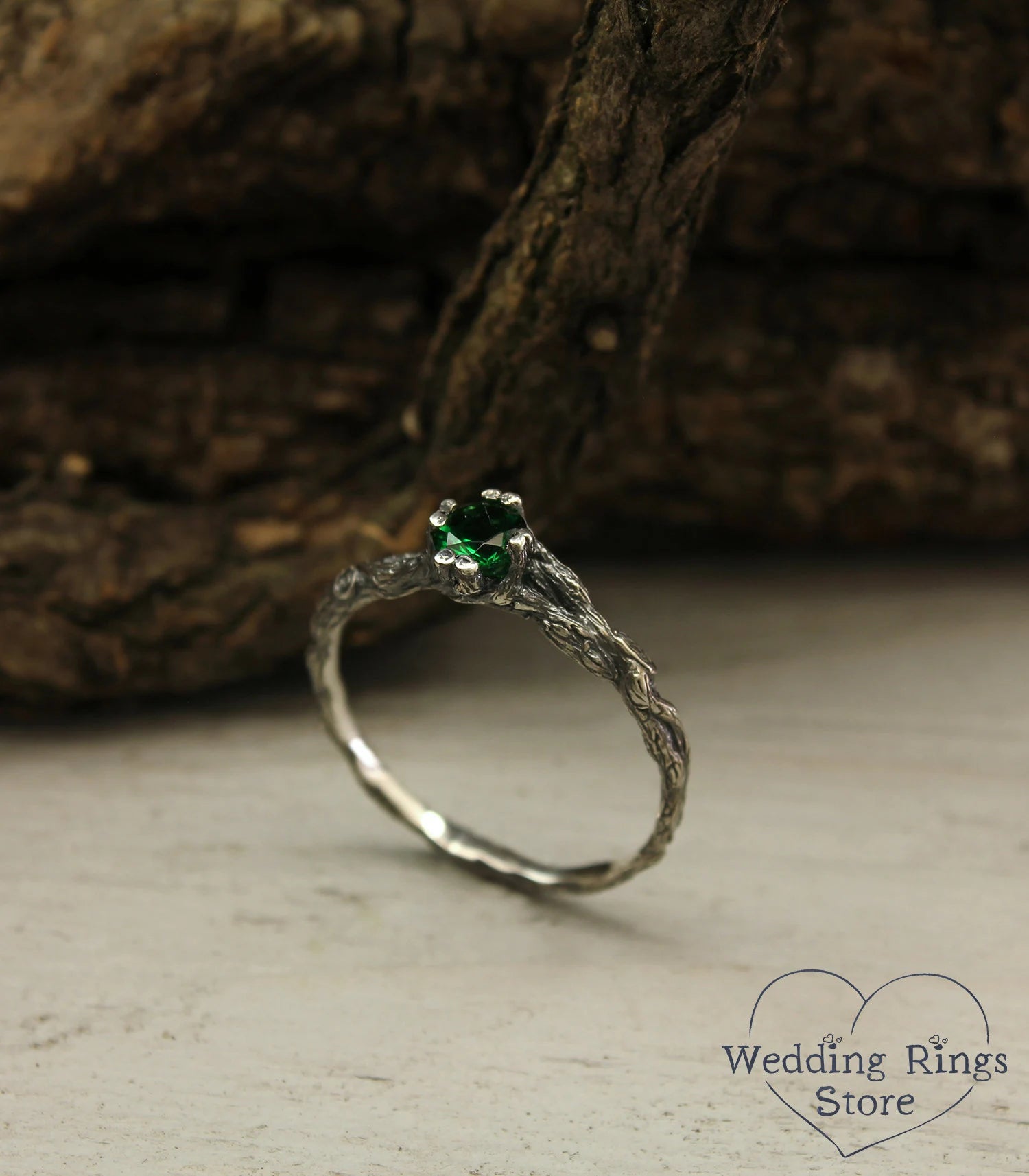 Solitaire Emerald & Silver Tiny Branch Engagement Ring