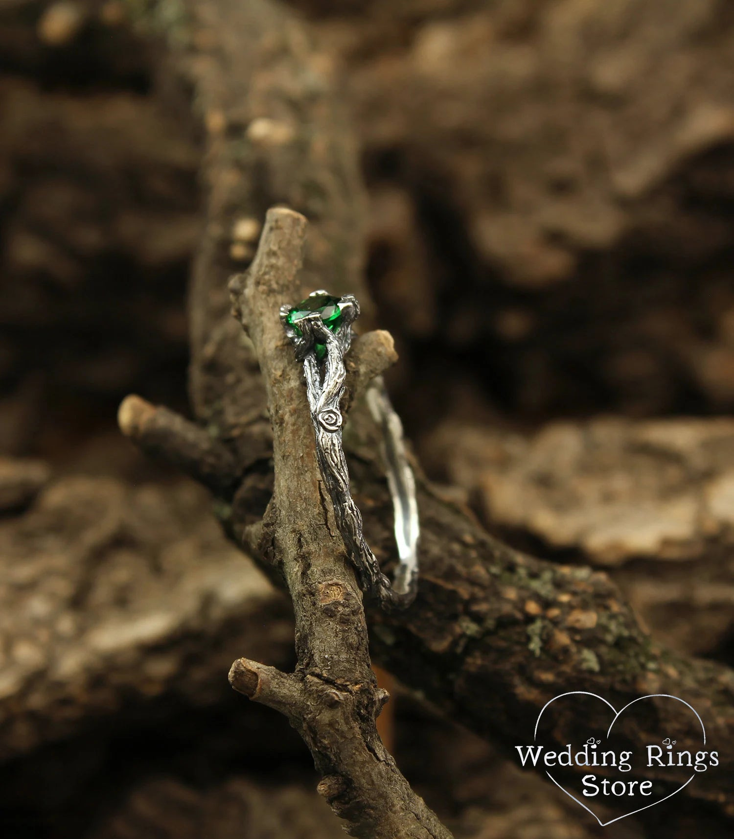 Solitaire Emerald & Silver Tiny Branch Engagement Ring