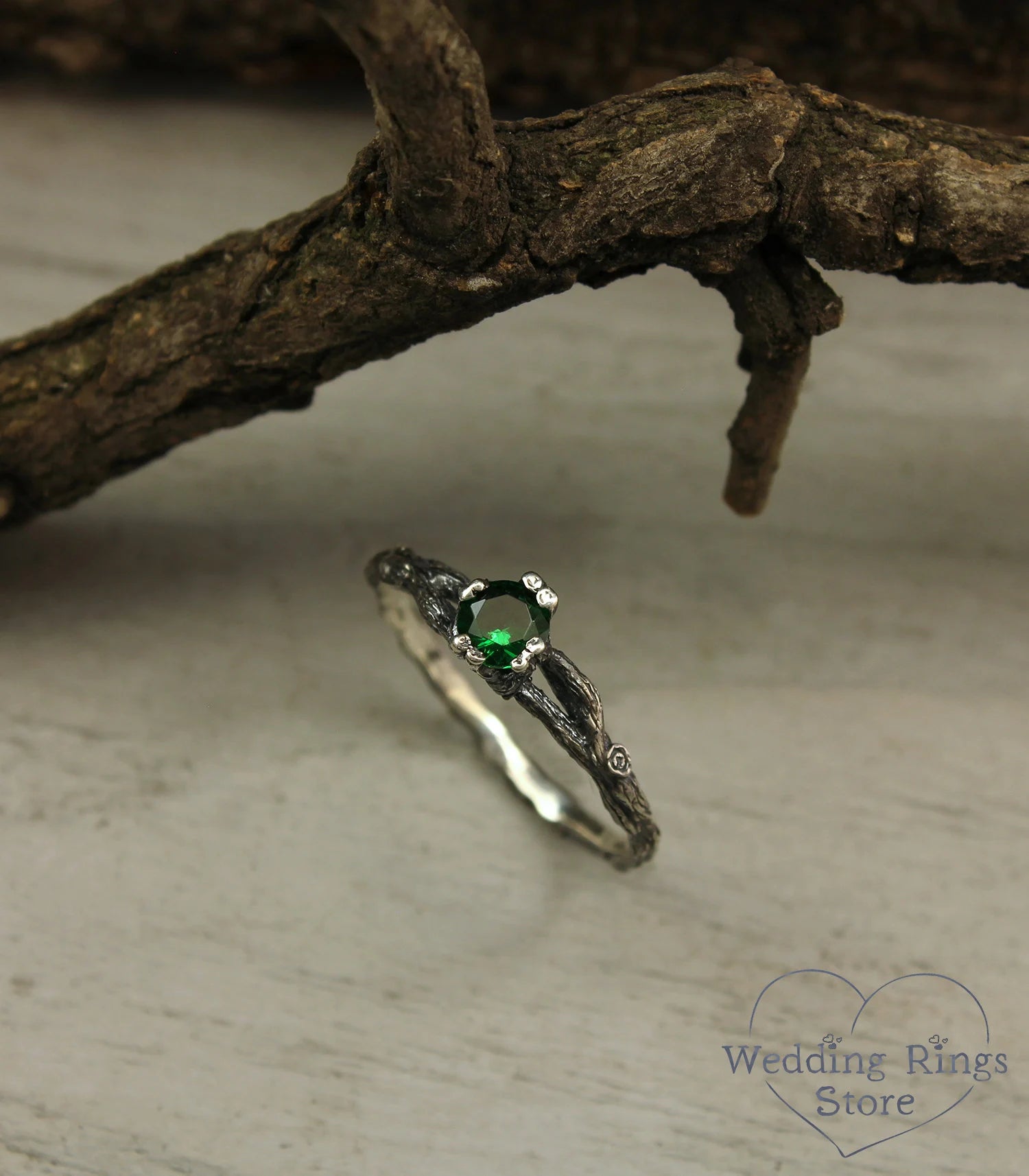 Solitaire Emerald & Silver Tiny Branch Engagement Ring