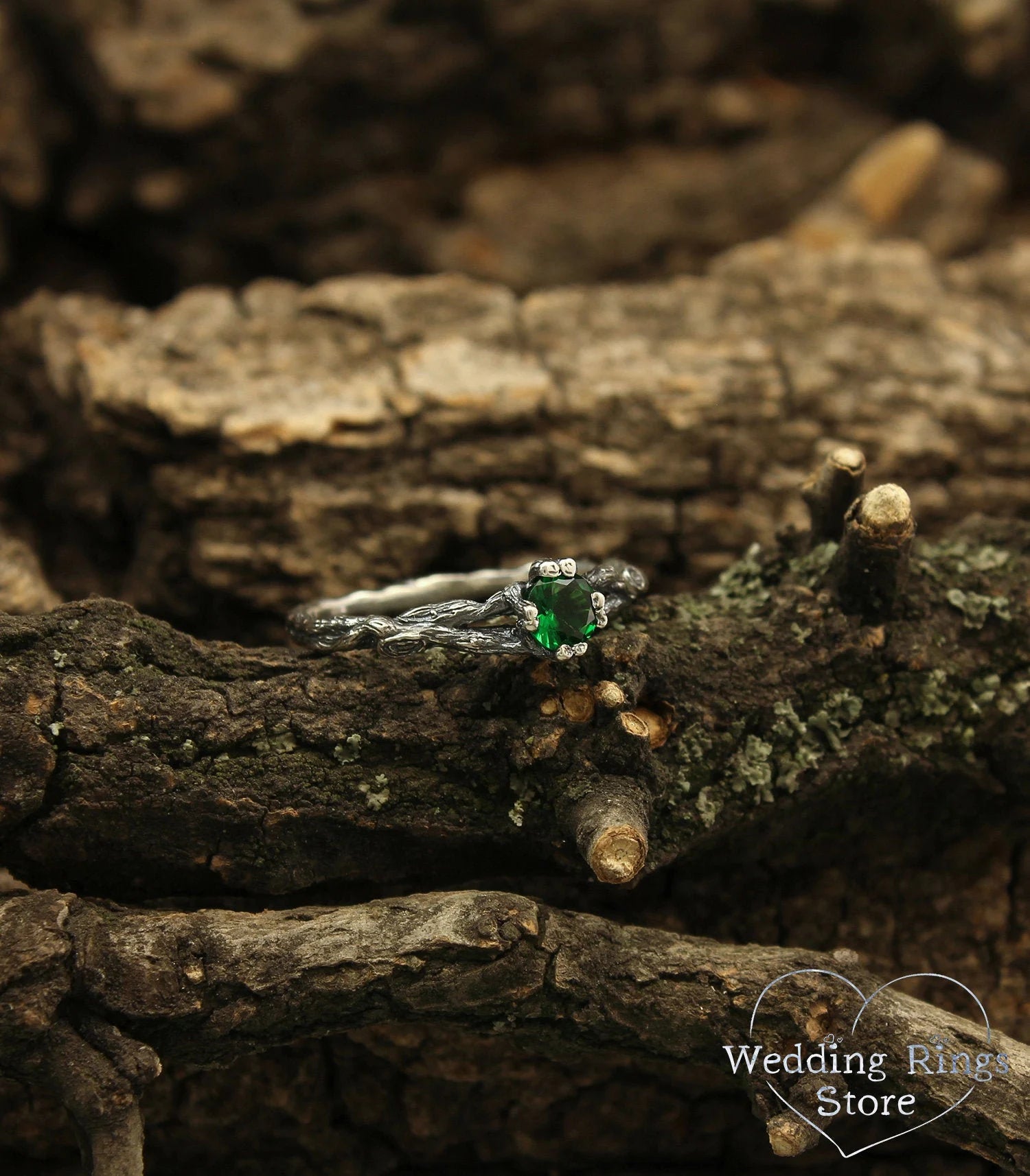 Solitaire Emerald & Silver Tiny Branch Engagement Ring