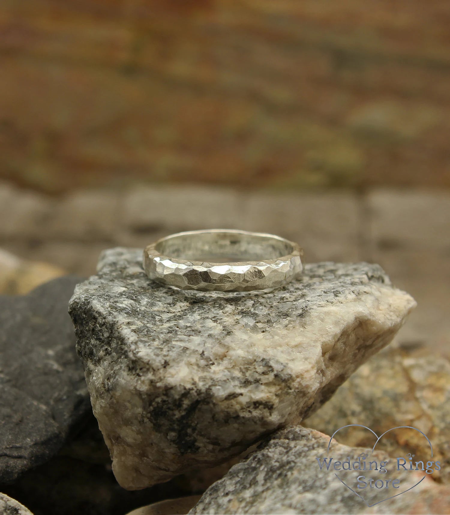 Rocky Hammered Silver Wedding Band Brutalist Style