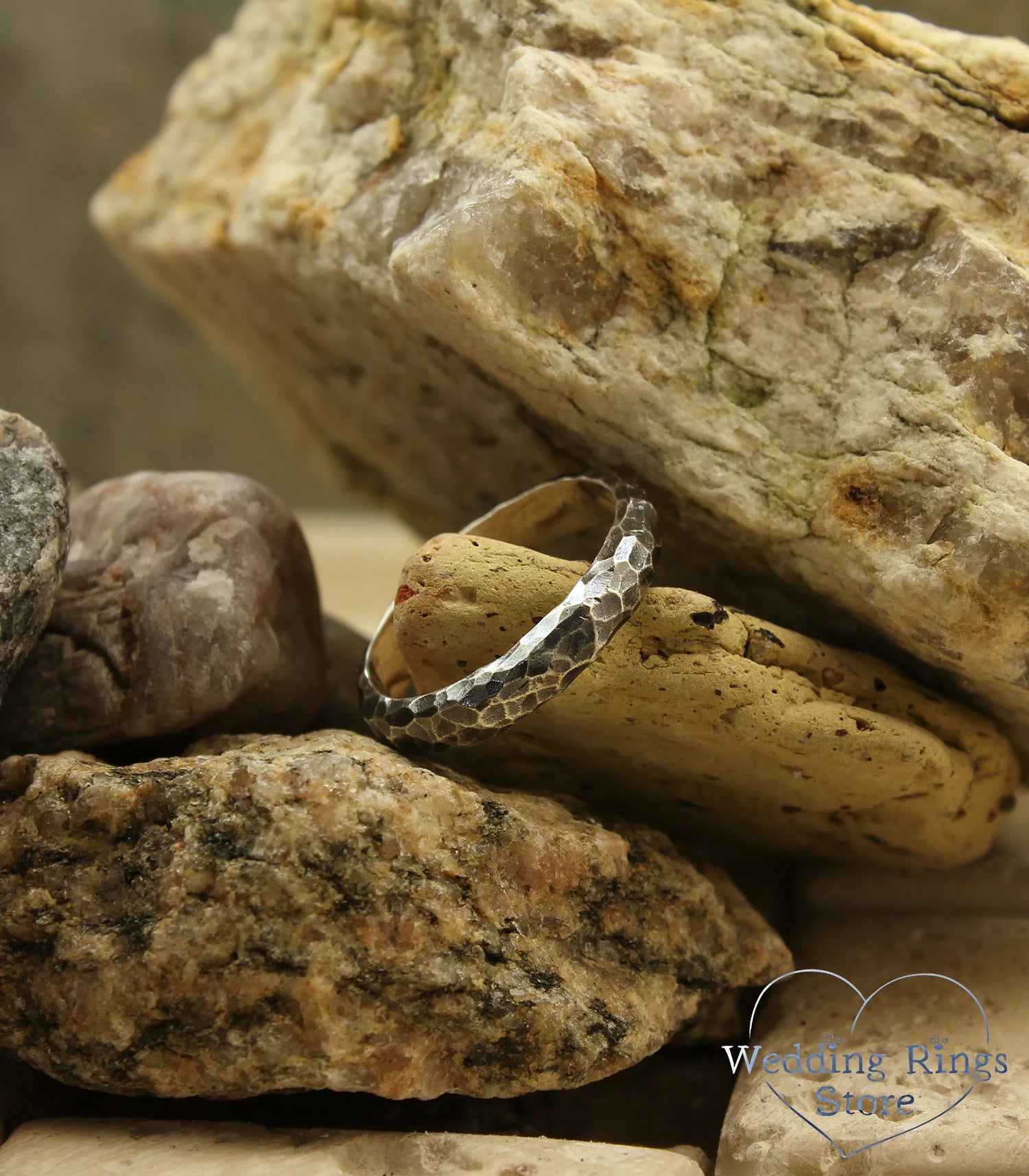 Rocky Hammered Silver Wedding Band Brutalist Style