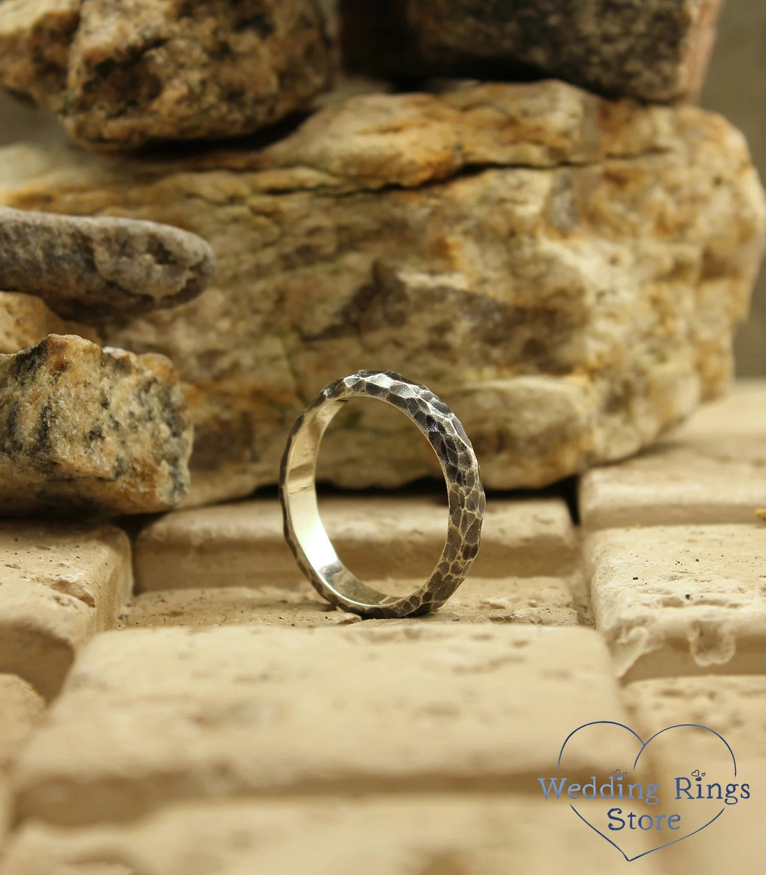 Rocky Hammered Silver Wedding Band Brutalist Style