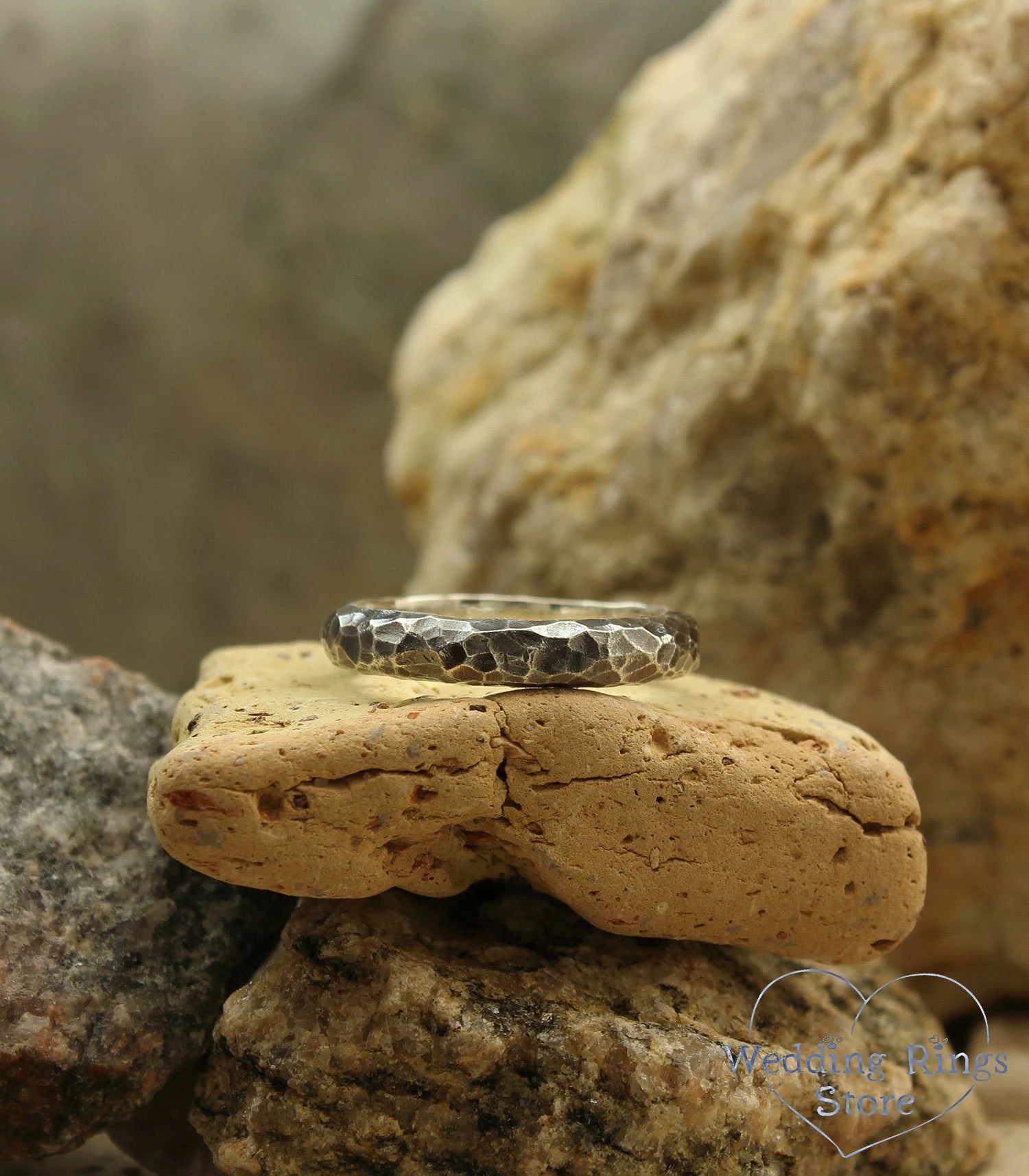 Rocky Hammered Silver Wedding Band Brutalist Style