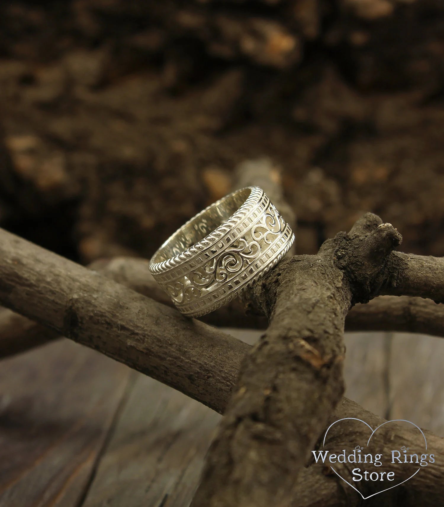 Vine and Filigree Silver Wide Wedding Band Vintage style