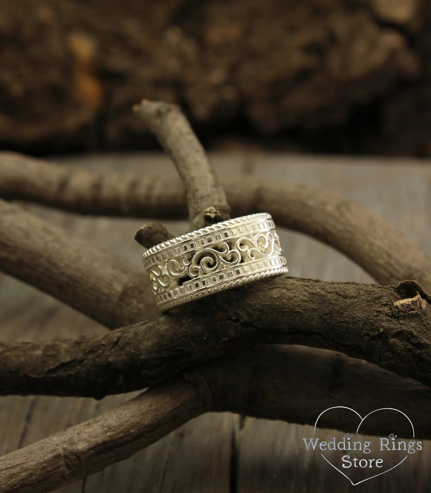 Vine and Filigree Silver Wide Wedding Band Vintage style