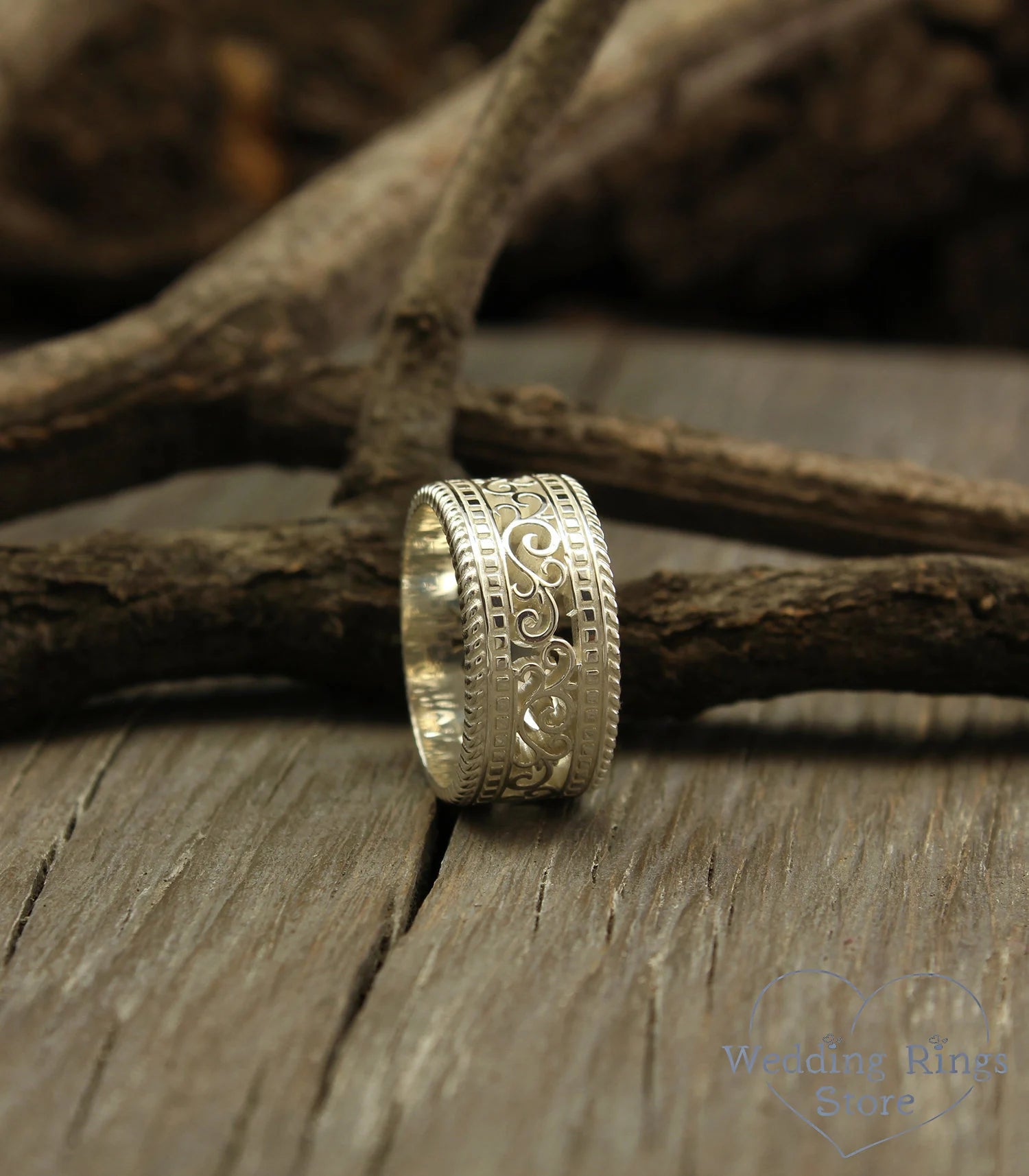 Vine and Filigree Silver Wide Wedding Band Vintage style