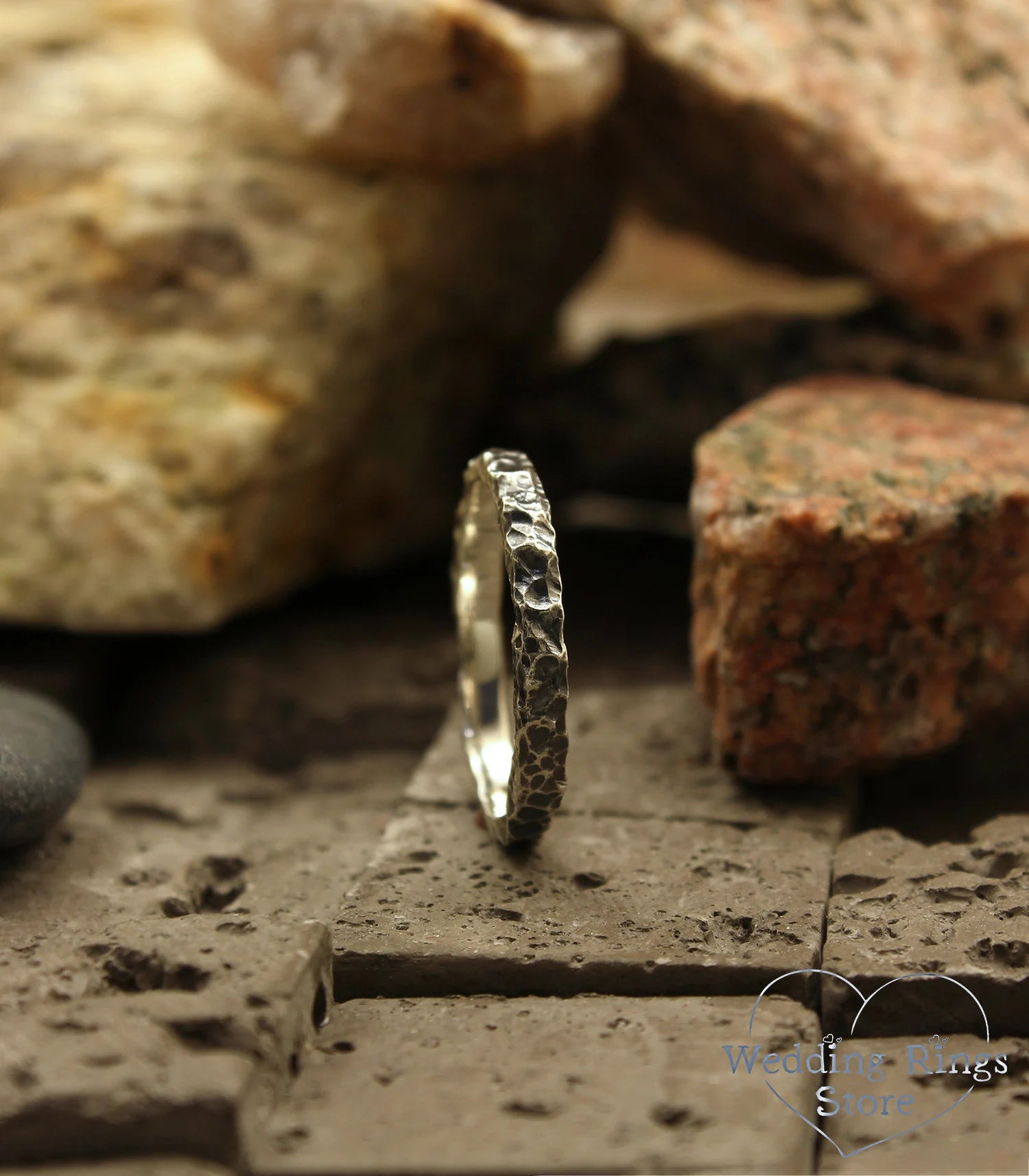 Thin Hammered Sterling Silver Wedding Band Stone Style