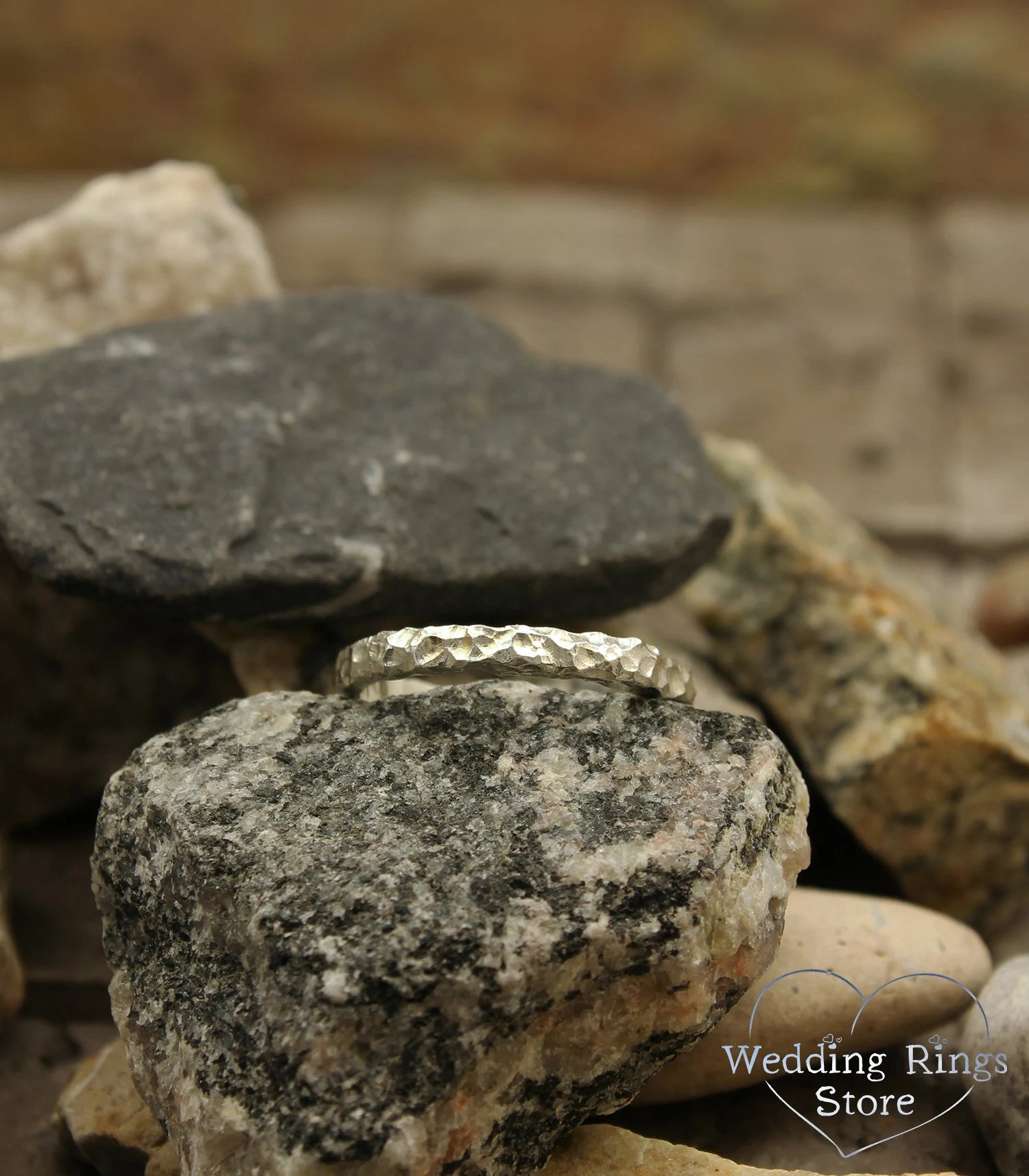 Thin Hammered Sterling Silver Wedding Band Stone Style