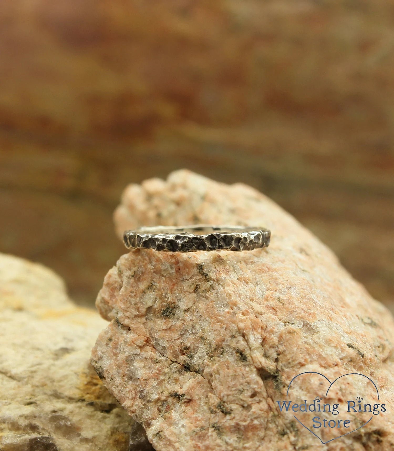 Thin Hammered Sterling Silver Wedding Band Stone Style