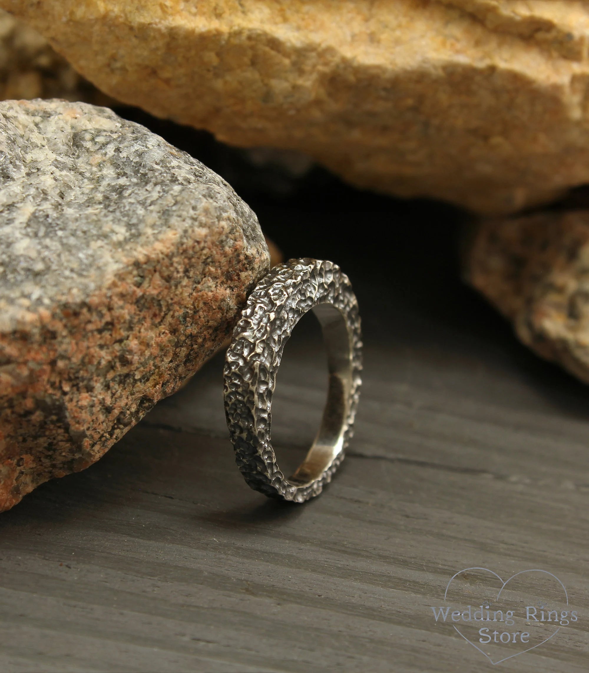 Unusual Form Sterling Silver Hammered Wedding Ring