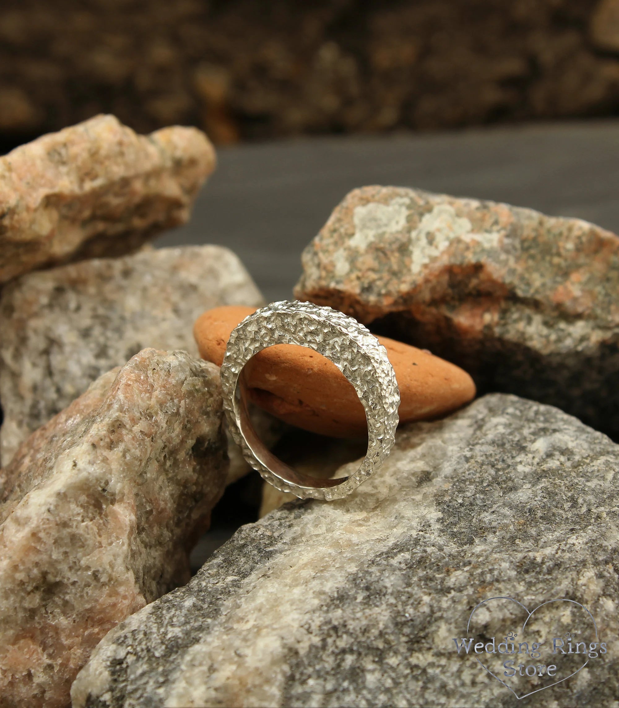 Unusual Form Sterling Silver Hammered Wedding Ring